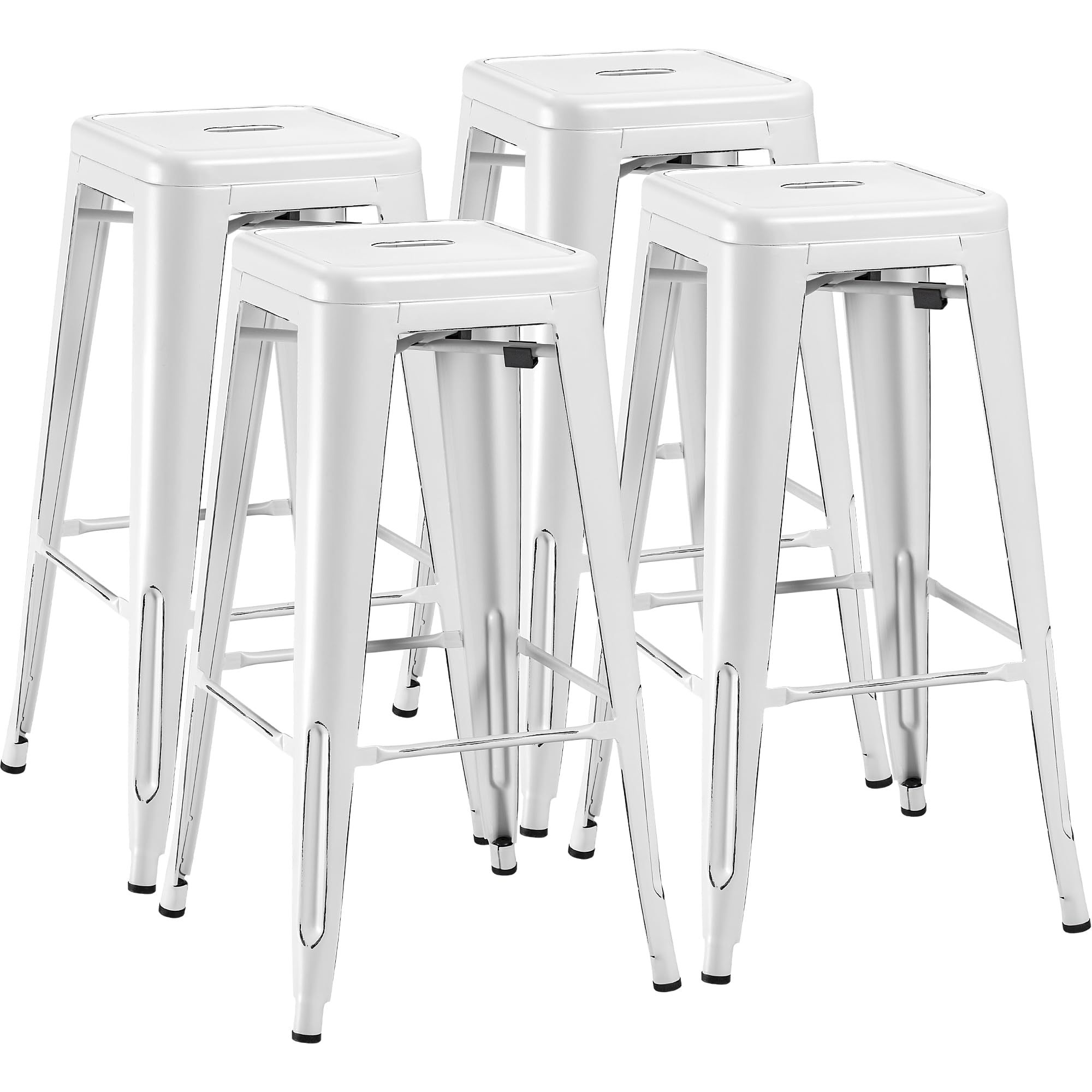 Furmax 30 Inch Metal Bar Stools - High Backless Stackable Kitchen Stools Set of 4 (Distressed White)