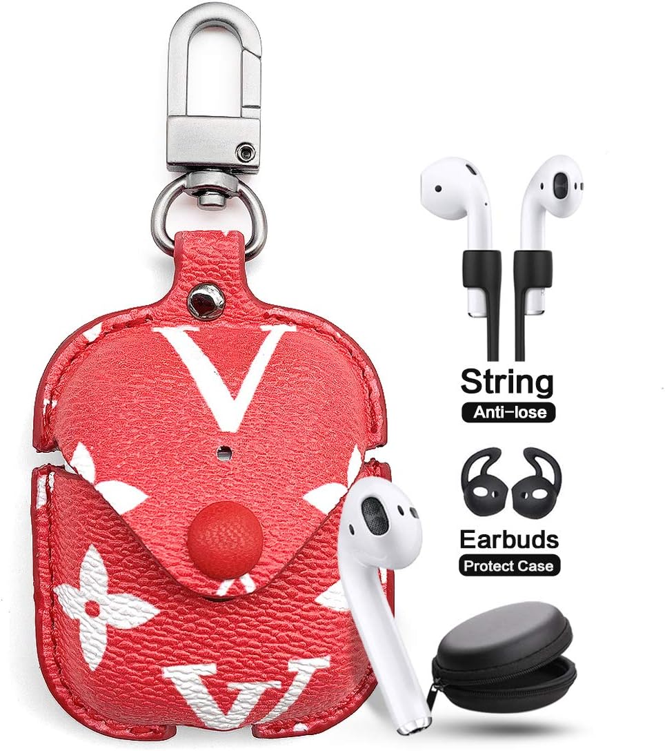 Designer Case Compatible with Airpods Case with Hand Strap Keychain, JANSAE Cute Luxury Leather Cases Accessories Compatible for Airpod Charging Cover 1st / 2nd (Red/Flower)