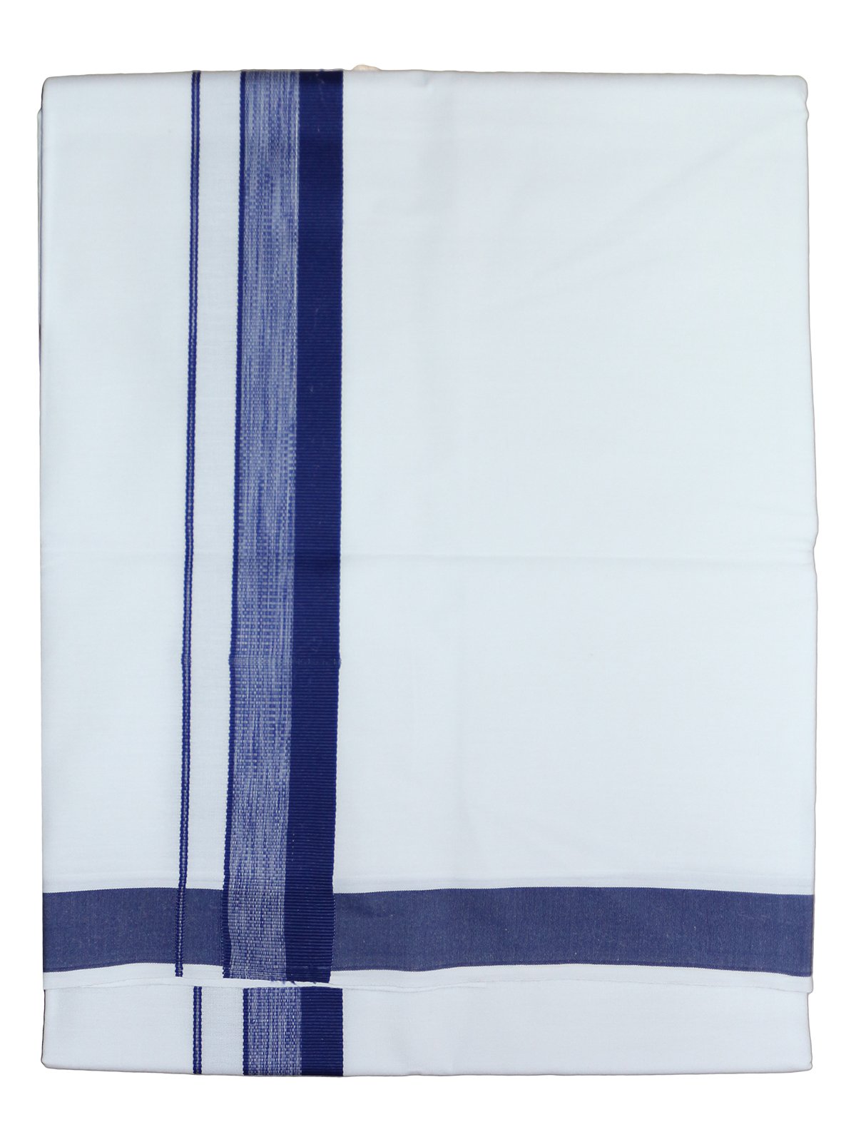 Prakasam Cotton Mens White Single Poly Cotton Dhoti With Fancy Border (1.28X2.00 Mtrs) (Gold Star) (Navy)