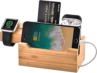 Trexonic 3 in 1 Bamboo Charging Station with Card Holder, Brown (TRX-CS3U3A)