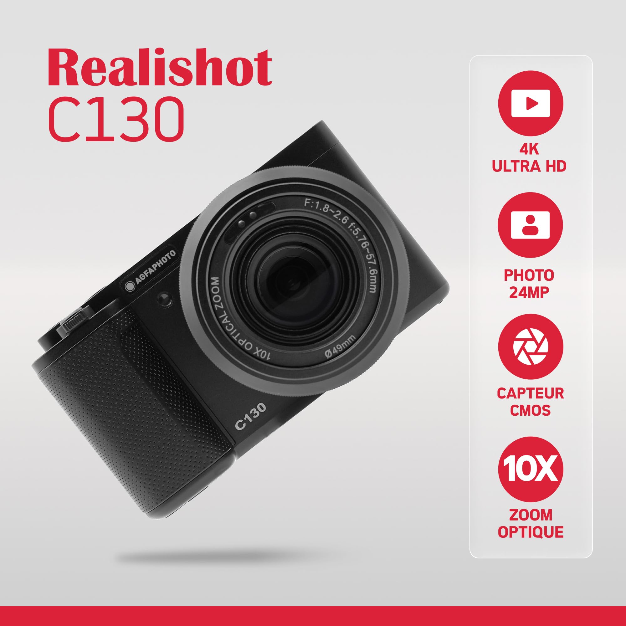 AGFAPHOTO Realishot C130 - Appareil Photo Numérique Compact, Capteur CMOS, Écran Tactile LCD 2,8", Stabilisation d'image, Autofocus, Mémoire Externe SD, Batterie Rechargeable - Noir