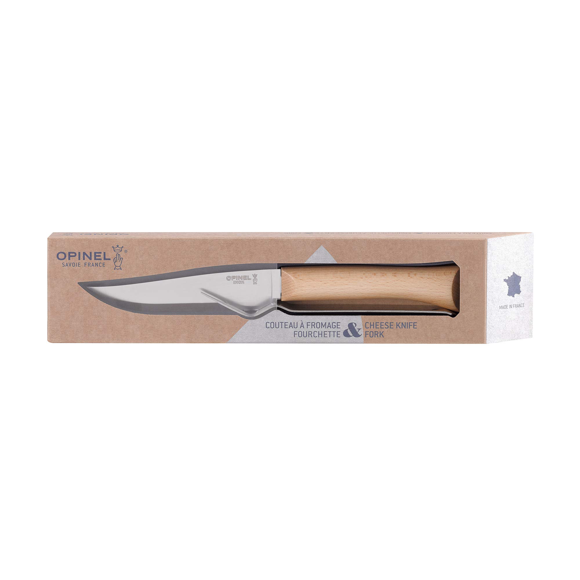 Opinel - Set di Formaggi - 1 Coltello da Formaggio Pieghevole, 1 Forchetta da Formaggio - Lama di 12,5 cm in Acciaio Inossidabile - Manico in Legno di Faggio - Fabbricazione Francese