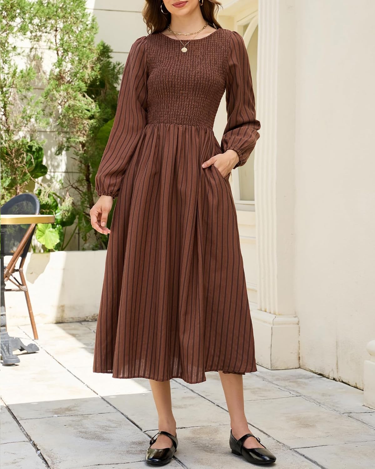Women's Striped Long Sleeve Midi Dress Smocked Swing A Line Casual Dress with Pockets - Image 4