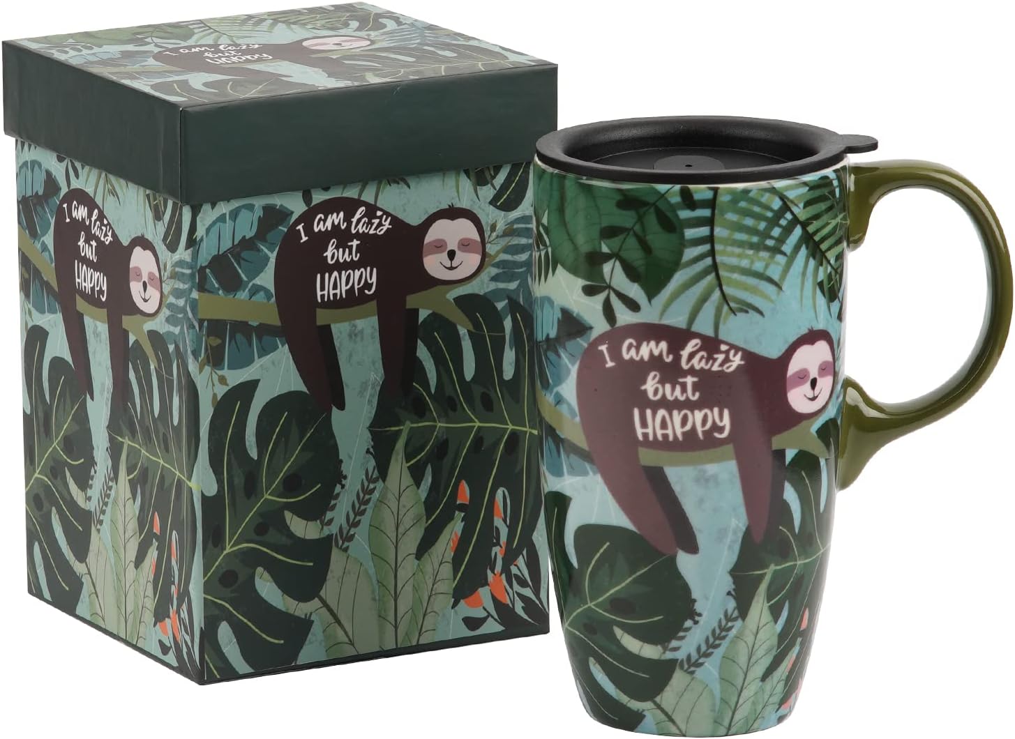 Topadorn Tall Ceramic Mugs 17 oz. Coffee Cups Sealed Lid Mug With Color Box Latte Mug,Sloth.I am Lazy but Happy.