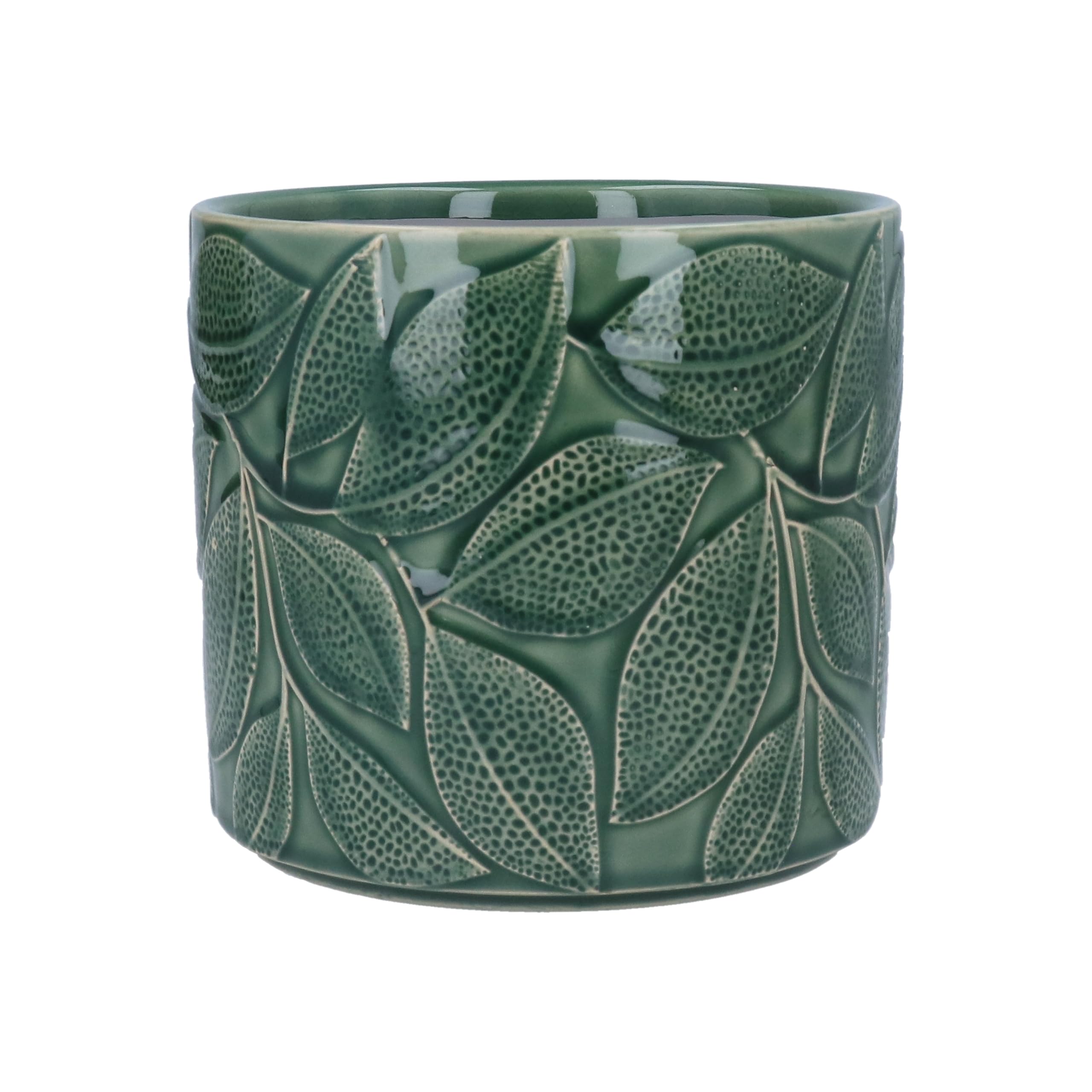 Gisela Graham Stoneware Plant Pot Cover, Dark Green Leaves, 17cm x 15cm, Glazed