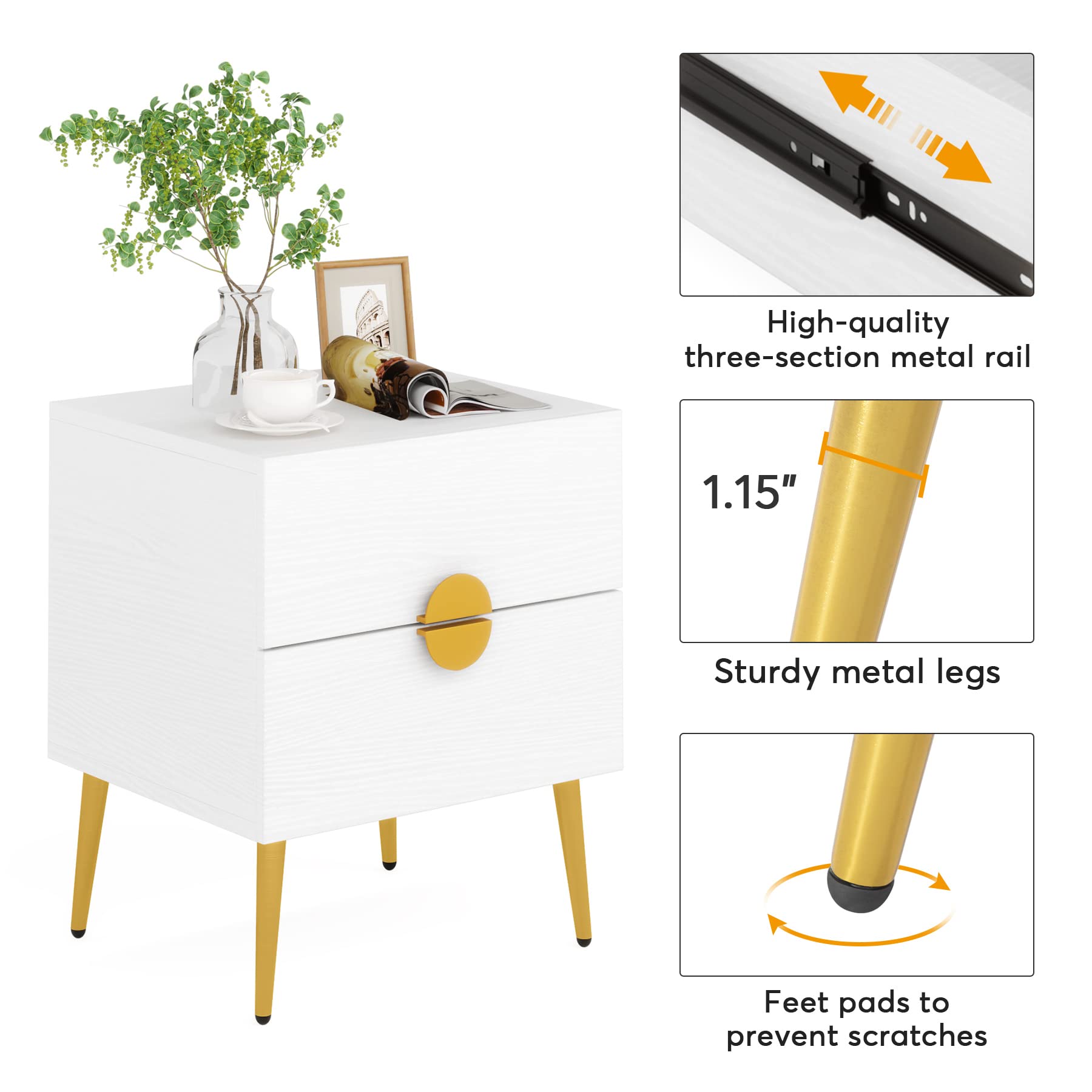 LITTLE TREE Nightstand with 2 Storage Drawers, Modern Wood Bedside End Table with Gold Metal