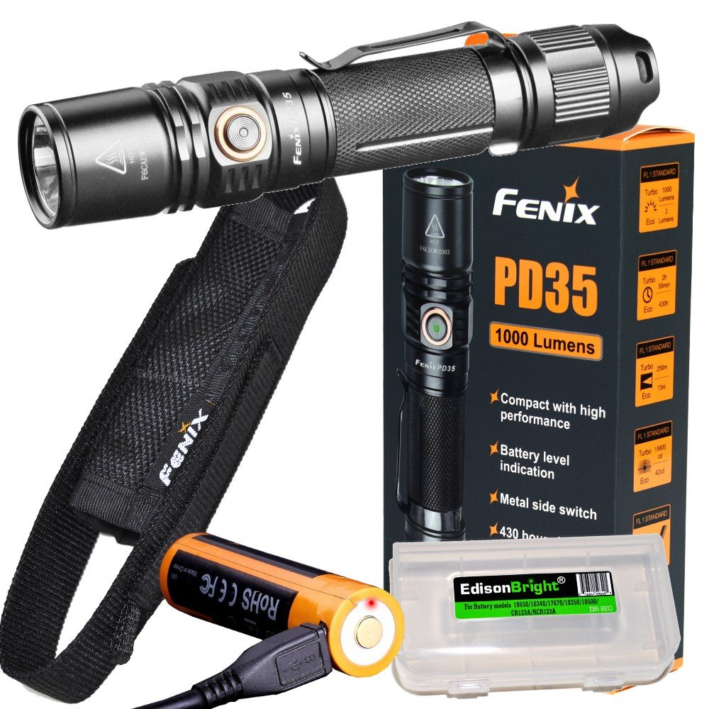 Fenix PD35 TAC 1000 Lumen Flashlight rechargeable bundle with Fenix USB Rechargeable Battery & Ediso