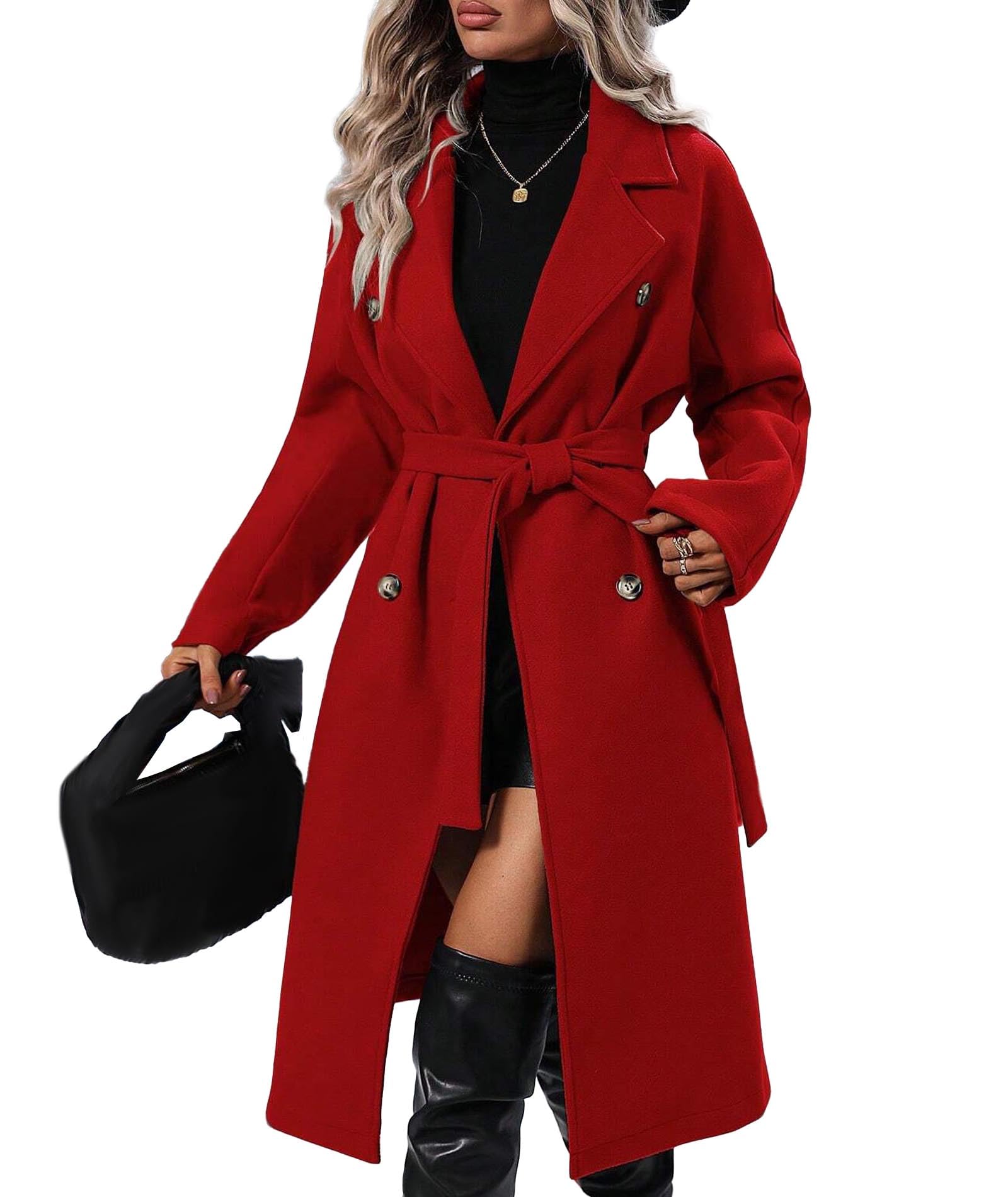 Sexyshine Womens Winter Double Breasted Trench Coat Notch Lapel Long Wool Pea Coat A Line Warm Overcoat with