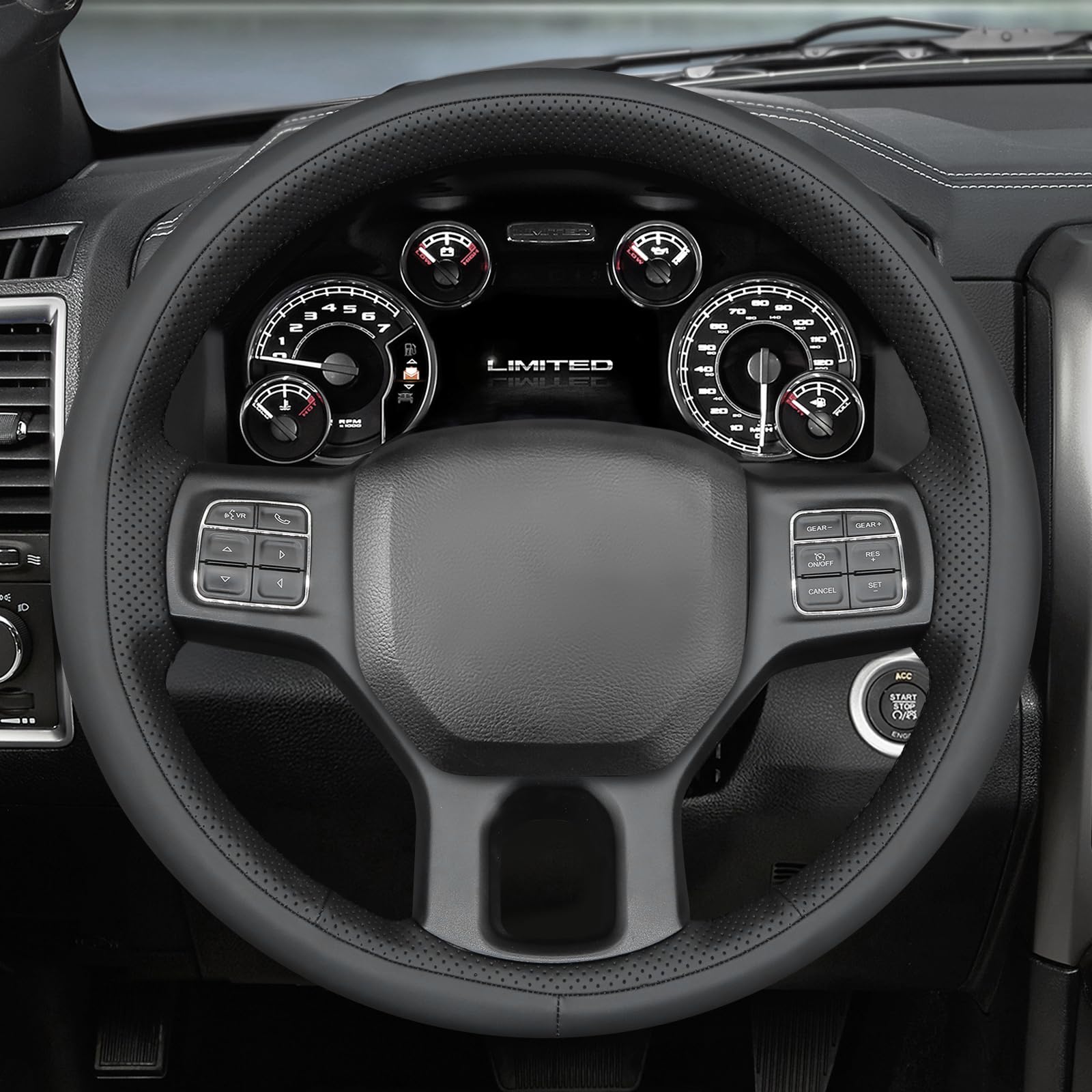 MEWANT Passgenauer Lenkradbezug zum Nähen für Dodge Ram | Dodge RAM 1500 2012-2018 / 1500 Classic 2019-2023 / 2500 2012-2018 / 3500 2012-2018 / 5500 2012-2018 (3D-Stil) Atmungsaktiv