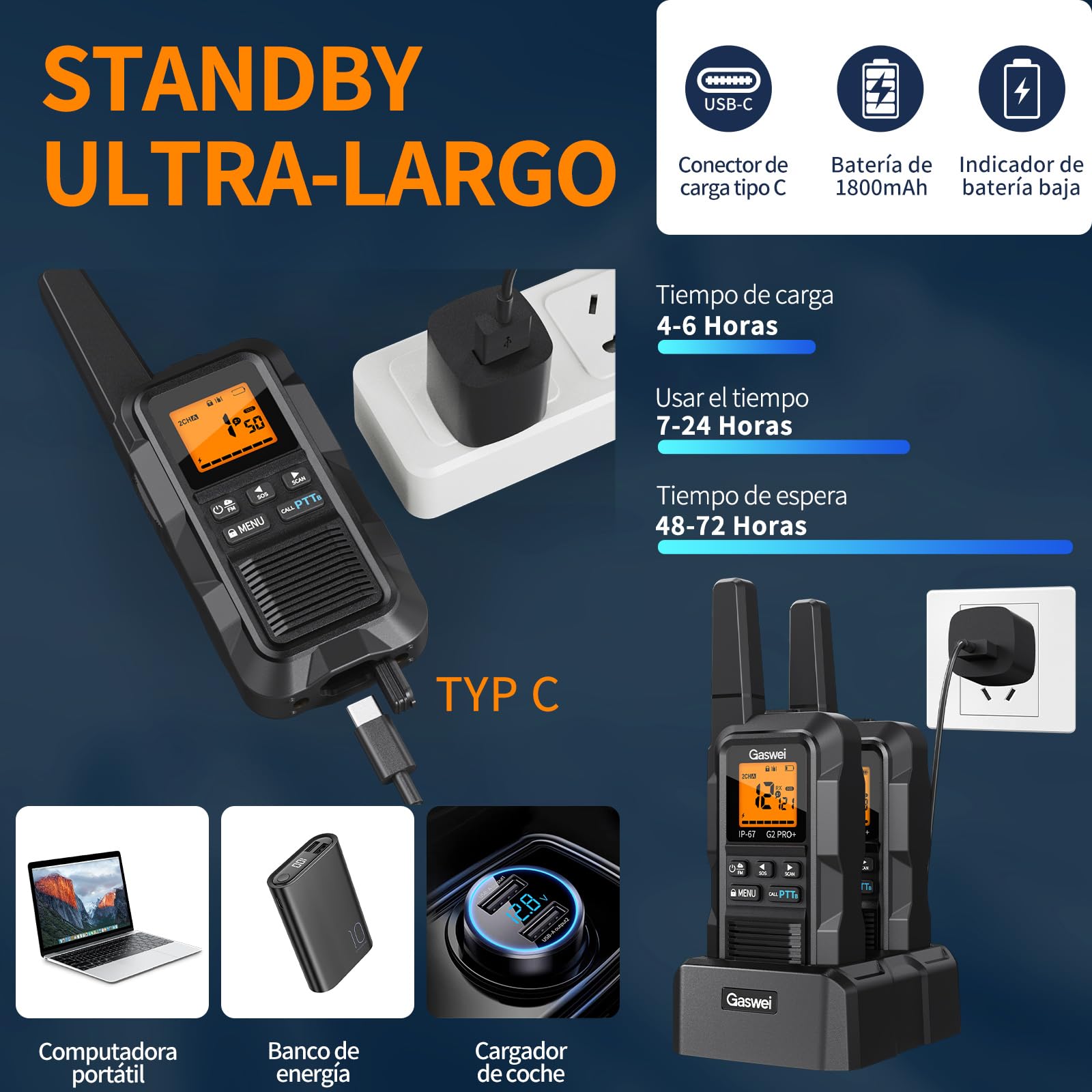 Gaswei G2Pro Walkie-talkies Profesionales para Adultos [IP67 Resistentes al Agua y flotantes] Radio de Largo Alcance con Doble PTT, Alarma SOS, Radio FM (2 Unidades - Negro) — view 6