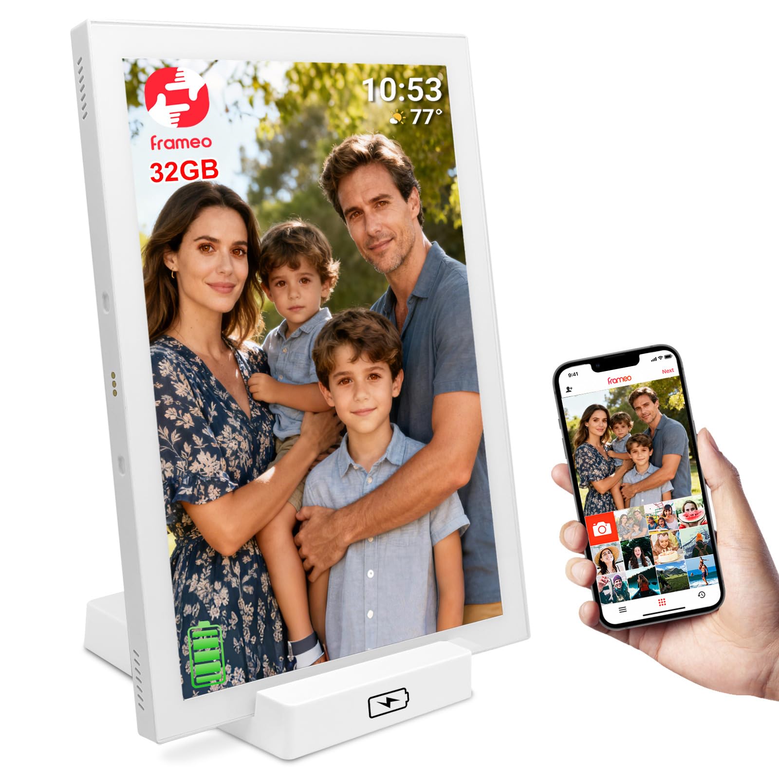 Frameo Digitaler Bilderrahmen 10,1 Zoll WLAN, 5000mAh Akku mit kabelloser Ladestation, 32GB Speicher, HD IPS Touchscreen, Auto-Rotation, Sofortiges Teilen von Fotos und Videos via Frameo App– Der idea