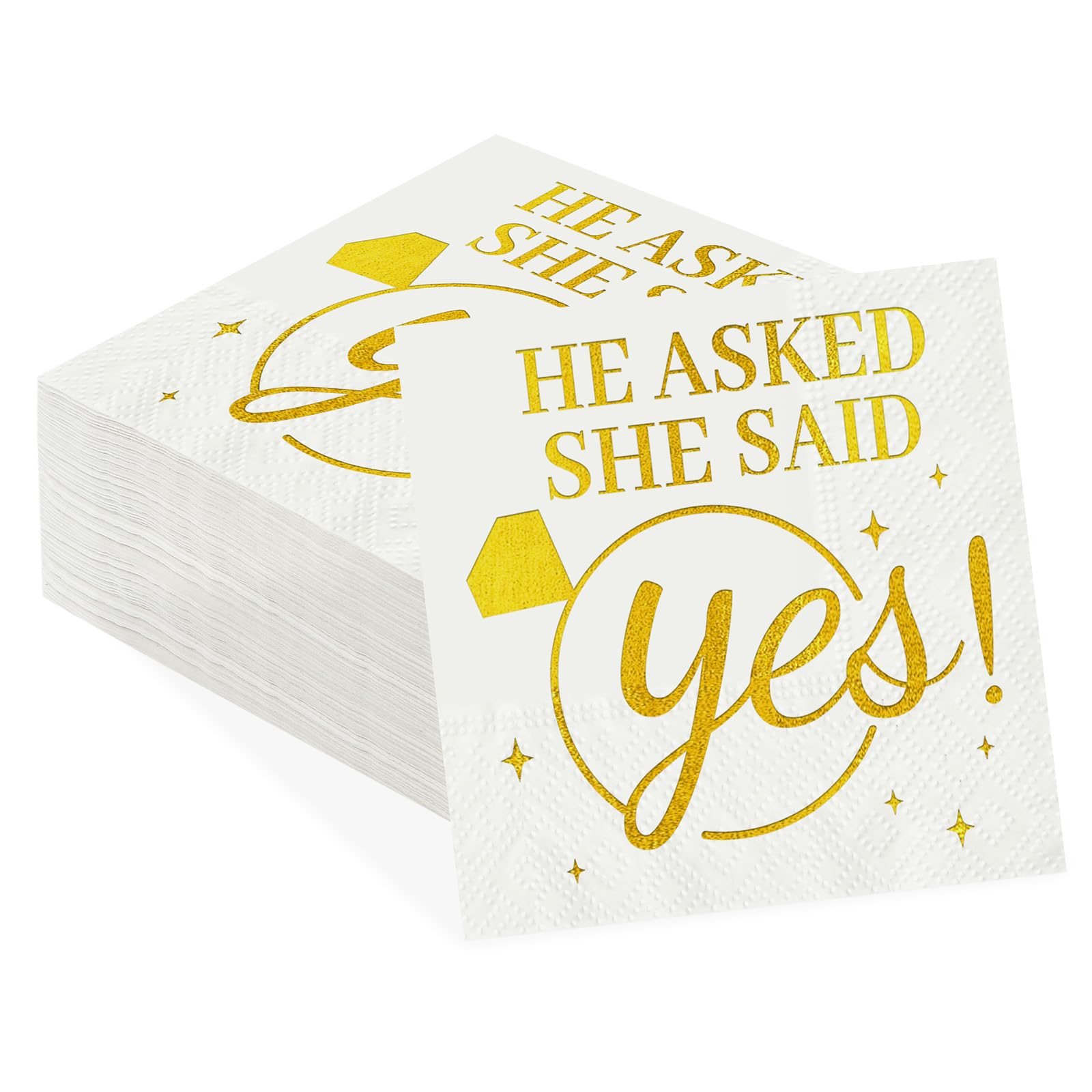 Photo 1 of 100 Pcs He Asked She Said Yes Paper Napkins 3 Ply Gold Foil Disposable Absorbent Hand Towels White Golden Engagement Guest Napkins for Proposal Bridal Shower Wedding Anniversary Party Decorations