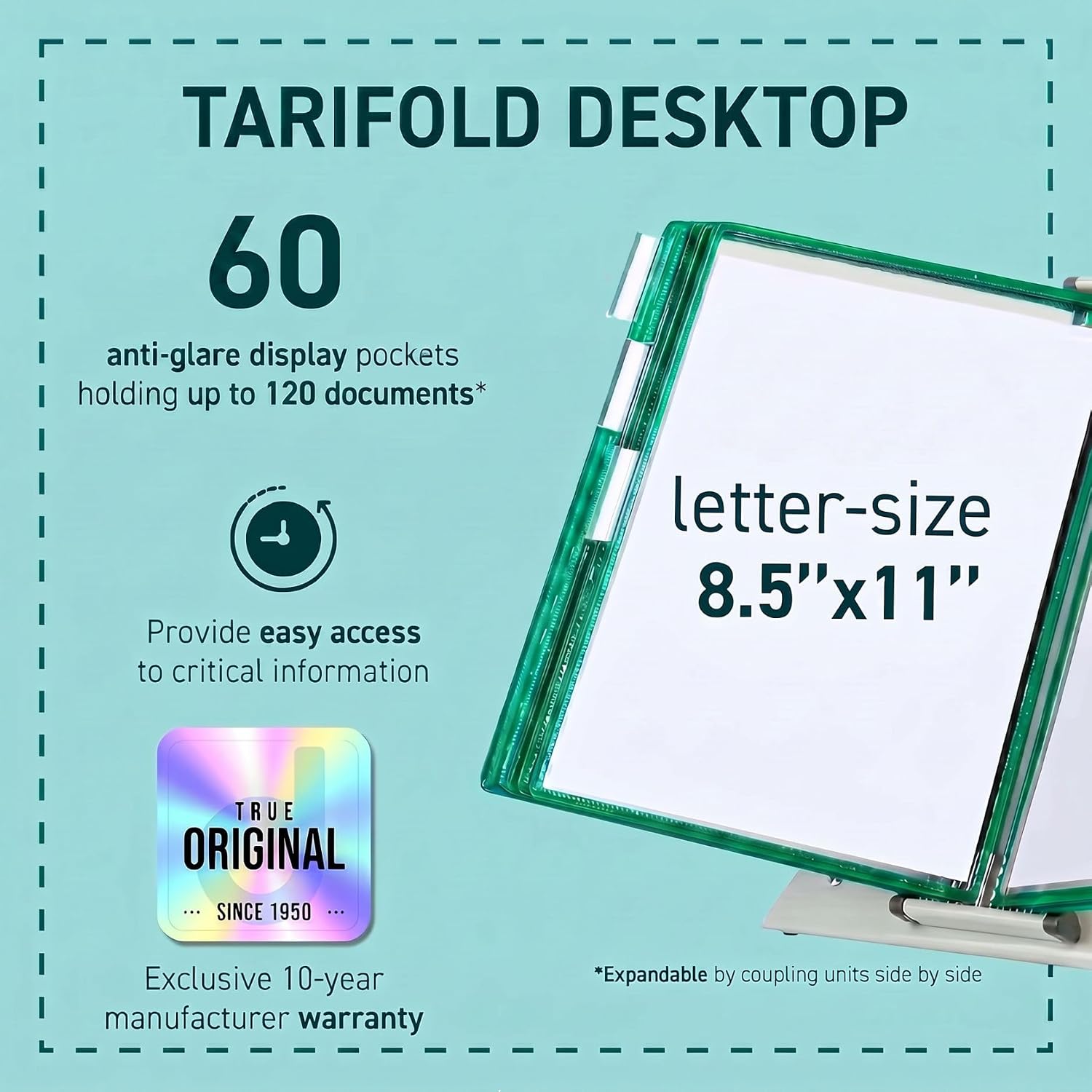 Tarifold Desktop Reference Organizer & Display System, 60 Double-Sided Pockets, 120 Sheet Capacity, Expandable, Durable Steel Wire Frames, Letter Size, Made in France, Green