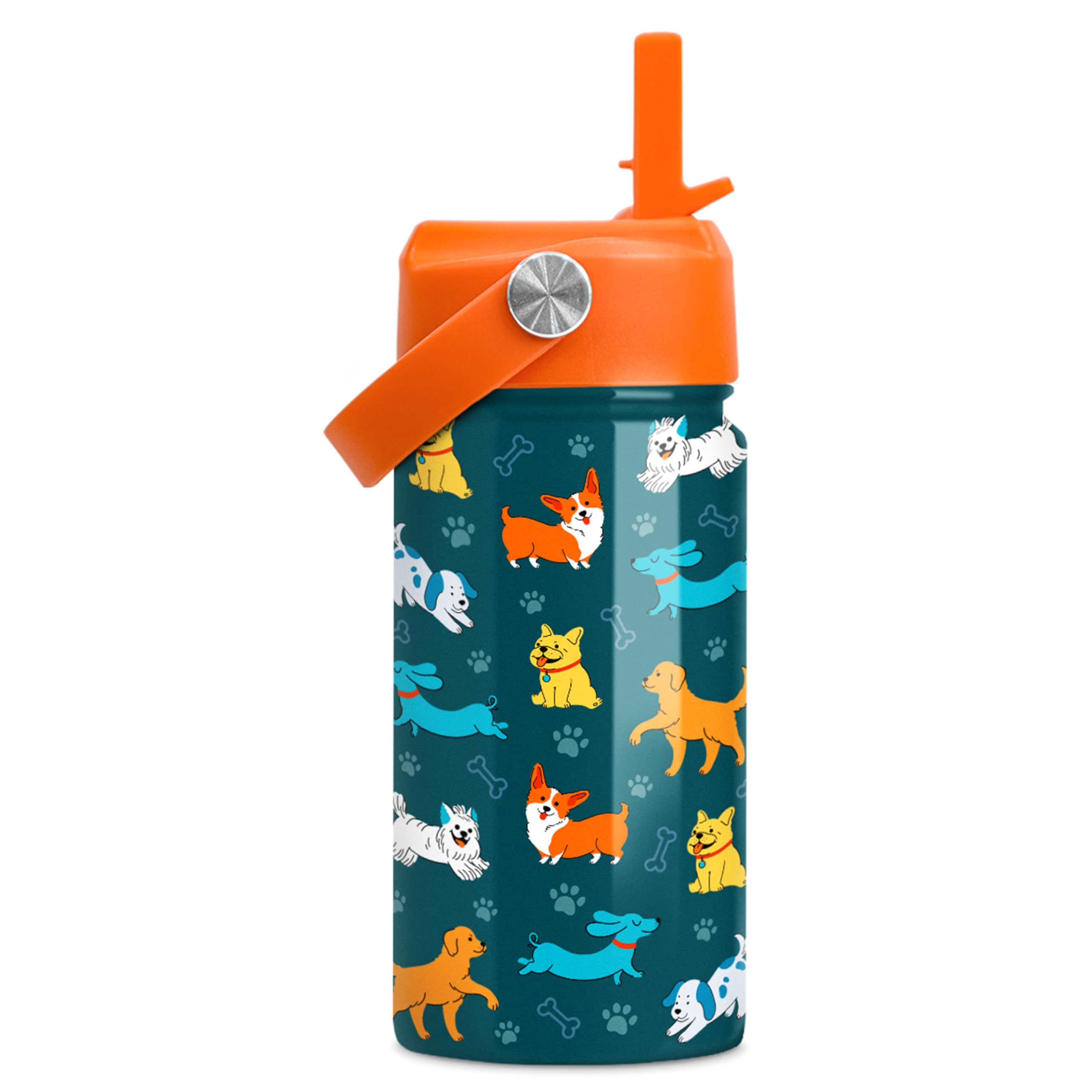 SANDJEST Puppy Water Bottle - Kids Water Bottle with Straw Lid - 12 Oz Insulated Stainless Steel Water Bottles for Kid Boys Girls - Travel Cup for School Sports