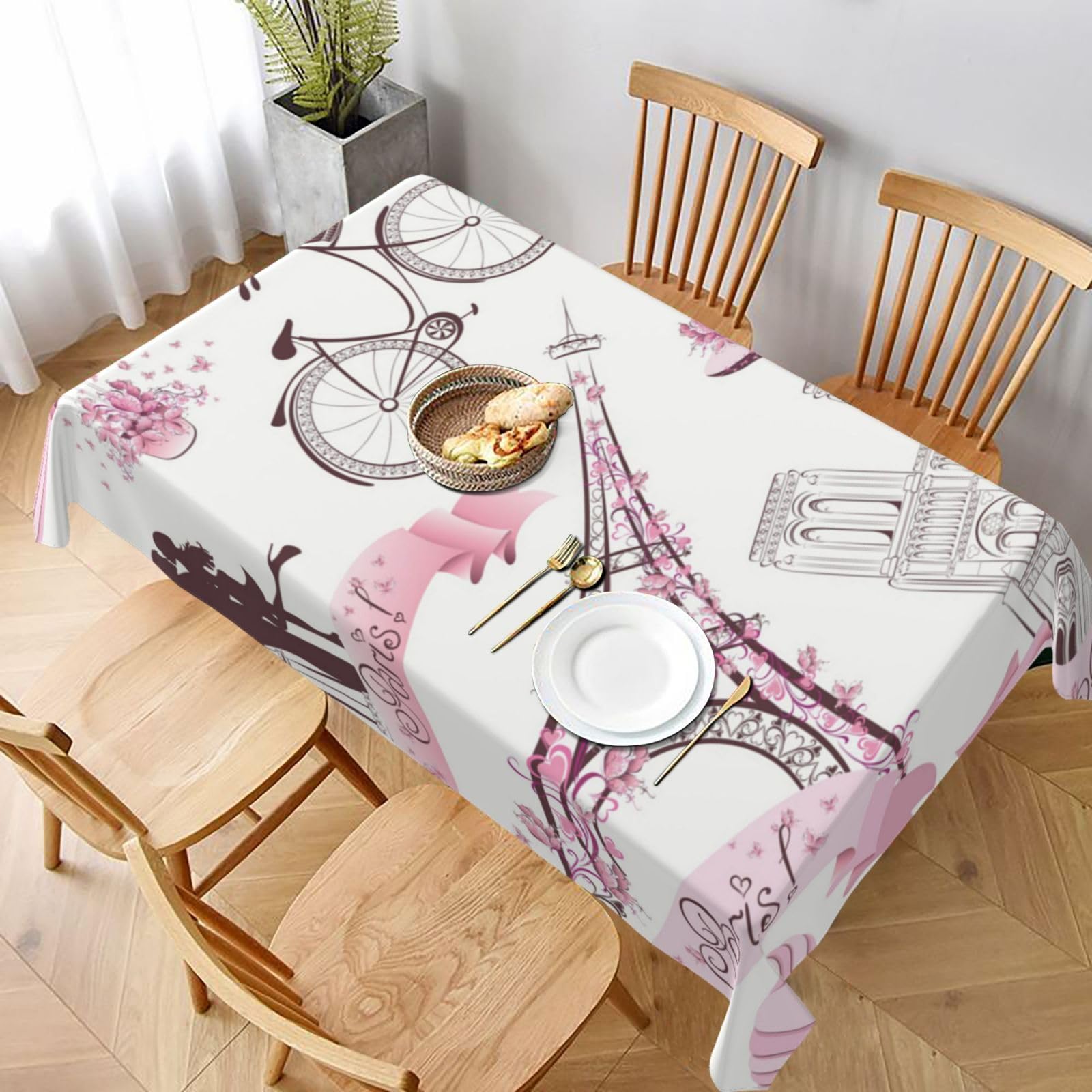 BNVSADC Romantic Paris Butterfly Eiffel Printed Rectangle Tablecloth 228x152 CM, Water Resistant Polyester Table Cloth Decorative Fabric Table Covers for Kitchen Dining Table Parties Camping