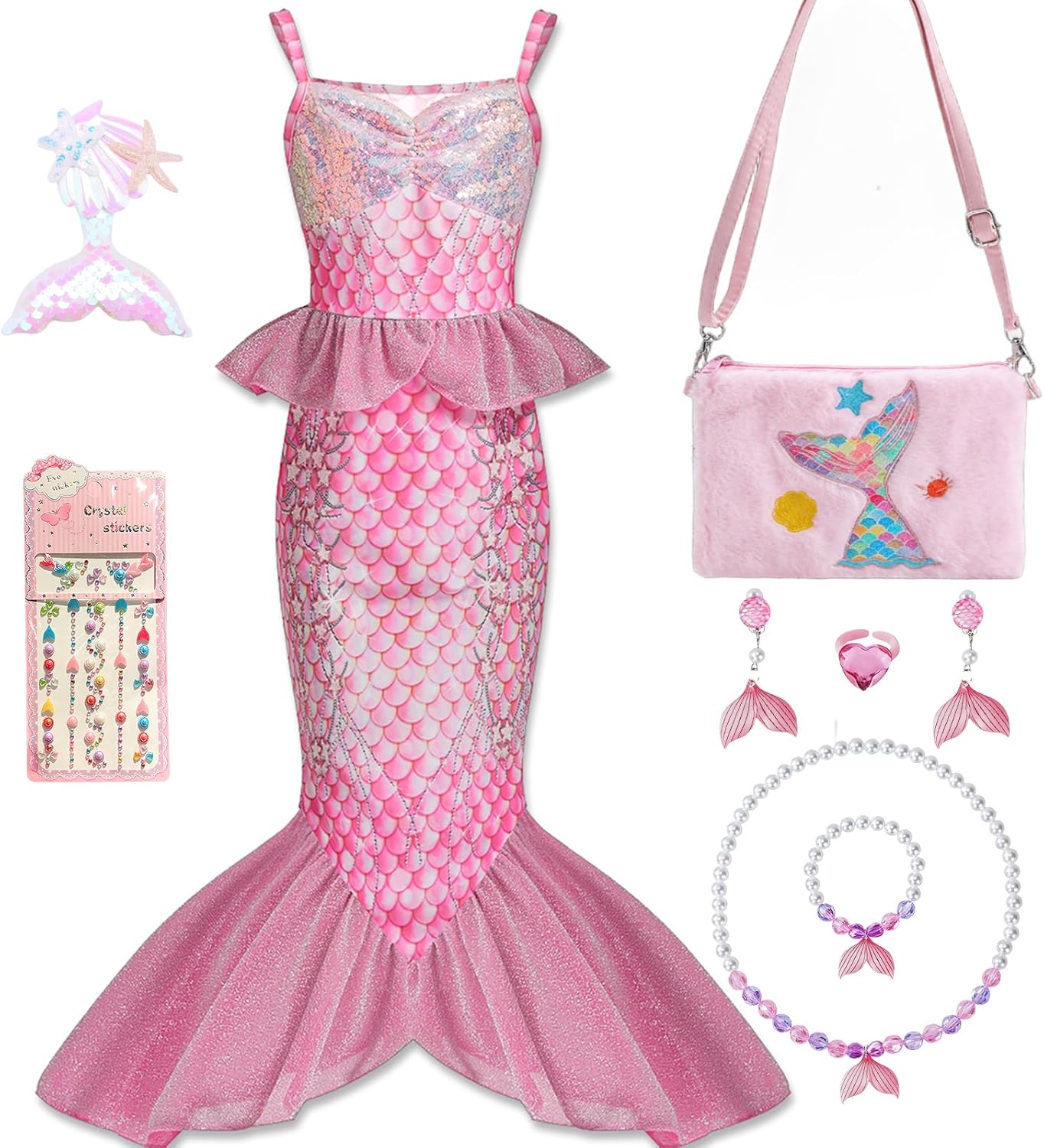 Mermaid Costume for Girls 3-12, Mermaid Tail Dress with Jewelry & Purse, Princess Dress Up Outfit for Birthday Party Cosplay Halloween