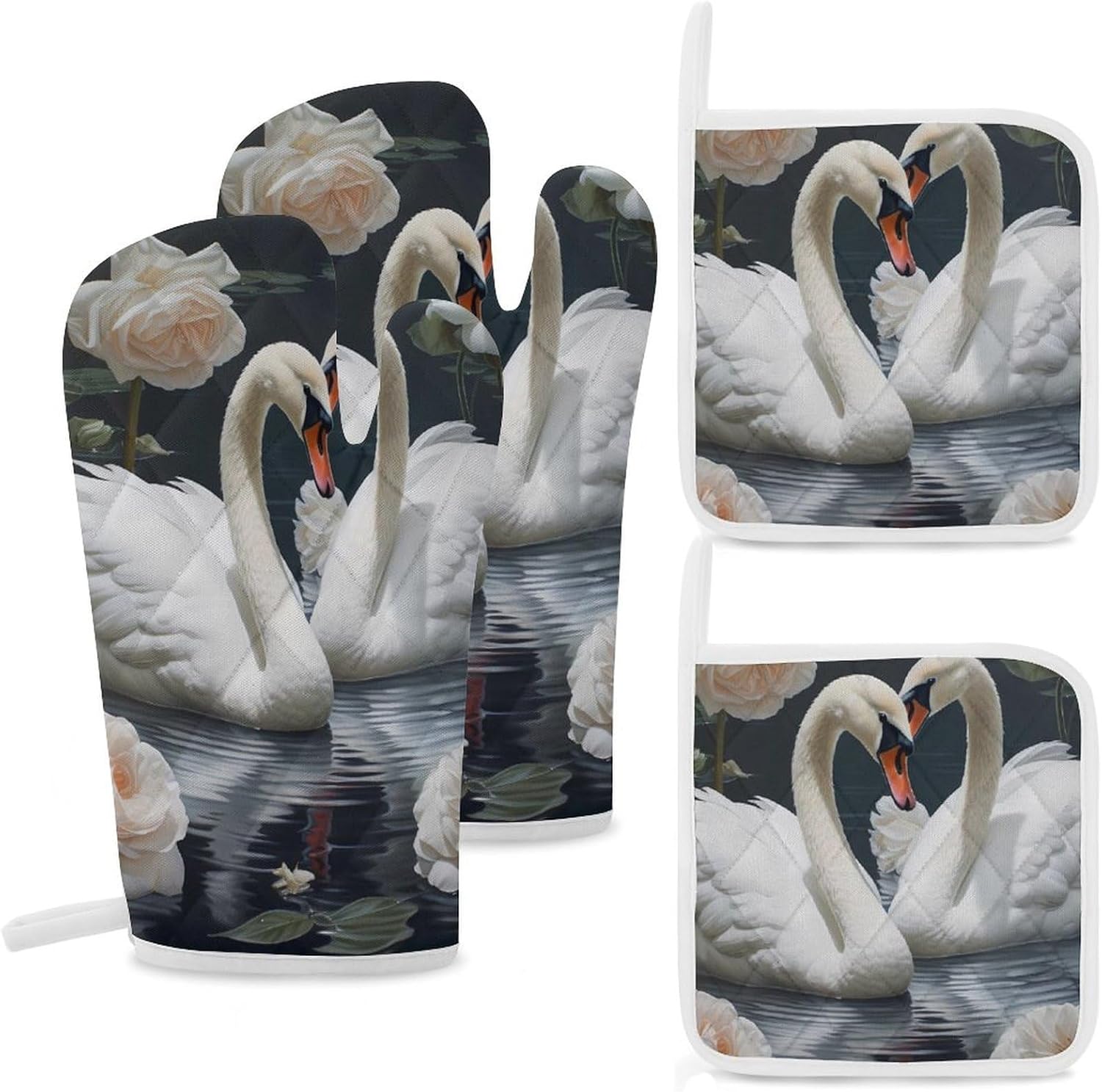 Swan (1) 4 Pcs Oven Mitts and Pot Holders Set High Heat Resistant Long Kitchen Oven Glove Potholders