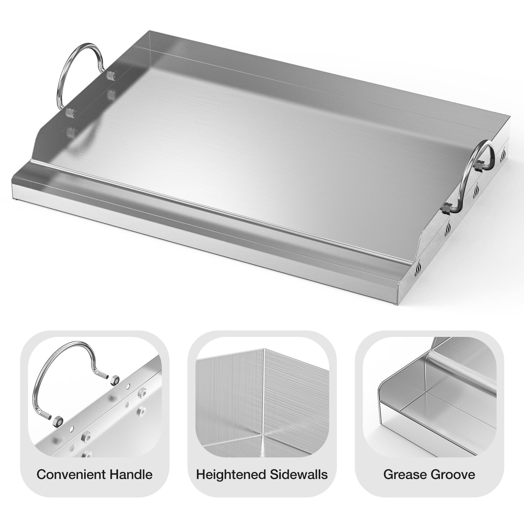 onlyfire Plancha para Barbacoa de Acero Inoxidable con Raspadora, Espátula para Plancha y Estropajo para Parrillas de Gas y Carbón, Plancha Placa y Kit Accesorios Barbacoa, 45.5 × 32 × 7 cm