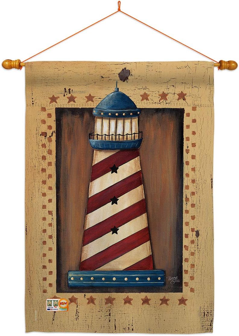 Patriotic Lighthouse House Flag Dowel Set Coastal Nautical Anchor Sailor Sea Shells Outdoor Summer Ocean Small Decorative Gift Yard Banner Made In USA 28 X 40