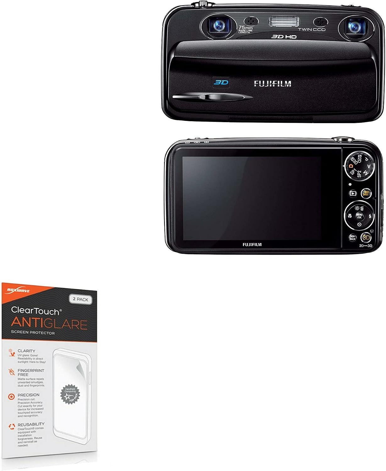 BoxWave Screen Protector Compatible with Fujifilm FinePix Real 3D W3 - ClearTouch Anti-Glare (2-Pack), Anti-Fingerprint Matte Film Skin
