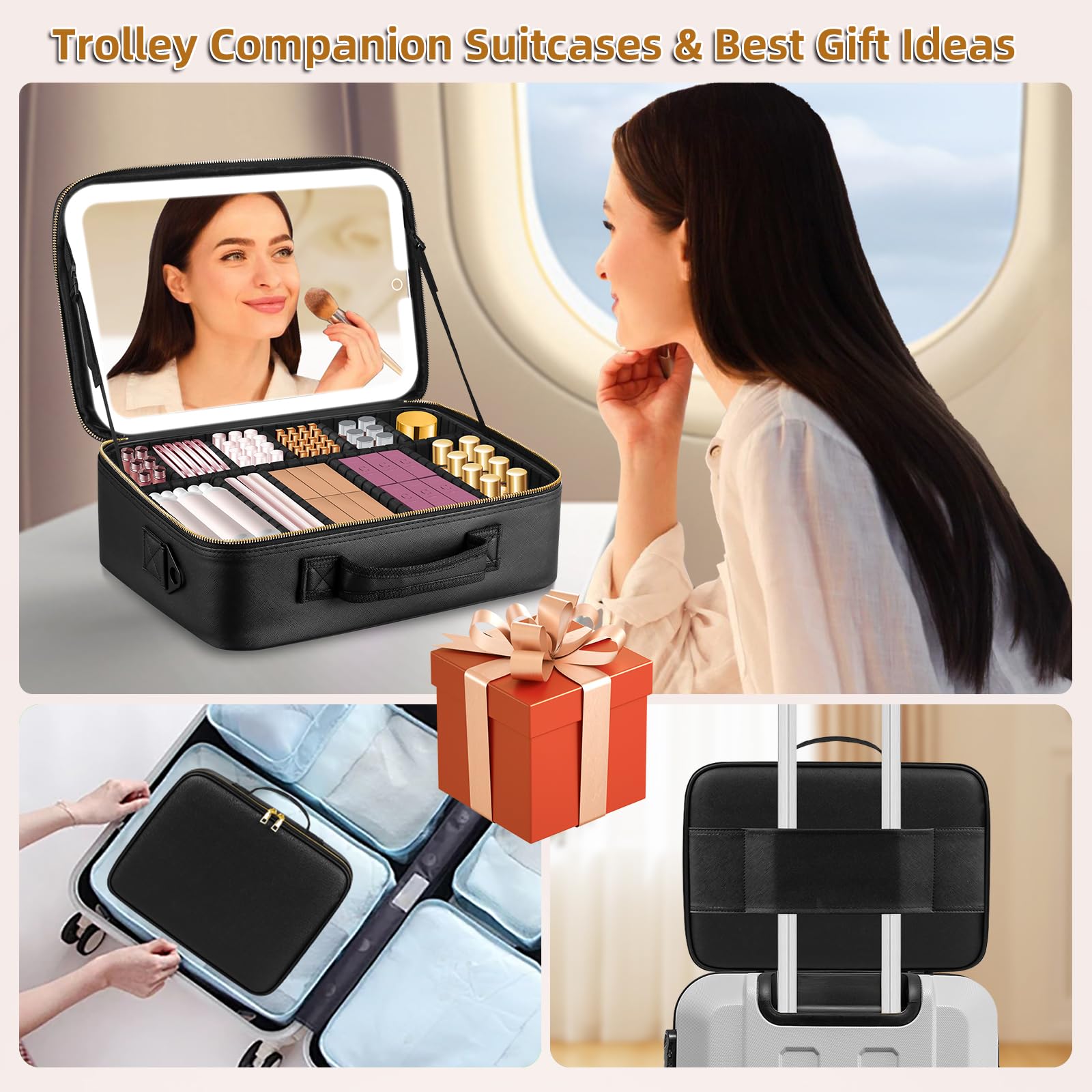 Trousse de Maquillage avec Miroir LED Amovible, Grand 38X28cm Professionnel Sac de cosmétiques de Voyagea de Lumineux, boîtier de Maquillage avec Miroir éclairé, 3 Modes d'éclairage,Cuir PU