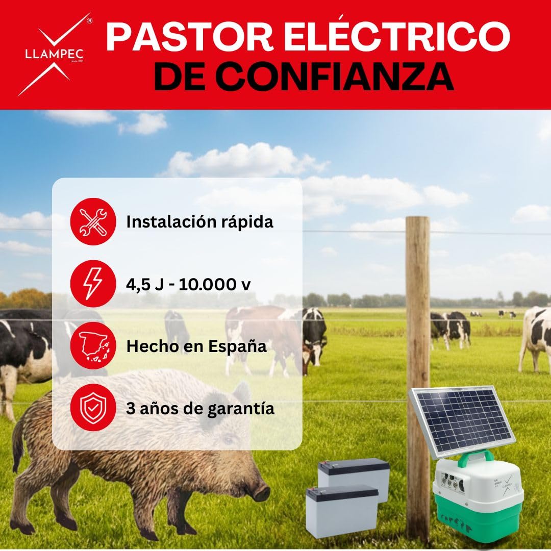 Pastor Eléctrico Solar Crepuscular Llampec Mod.40S – 4,5 J, 10.000 V y 45 km de Alcance – Especial Antijabalí con Sensor de Luz y Panel Solar 12 V 10 W Incluido – Fabricado en España