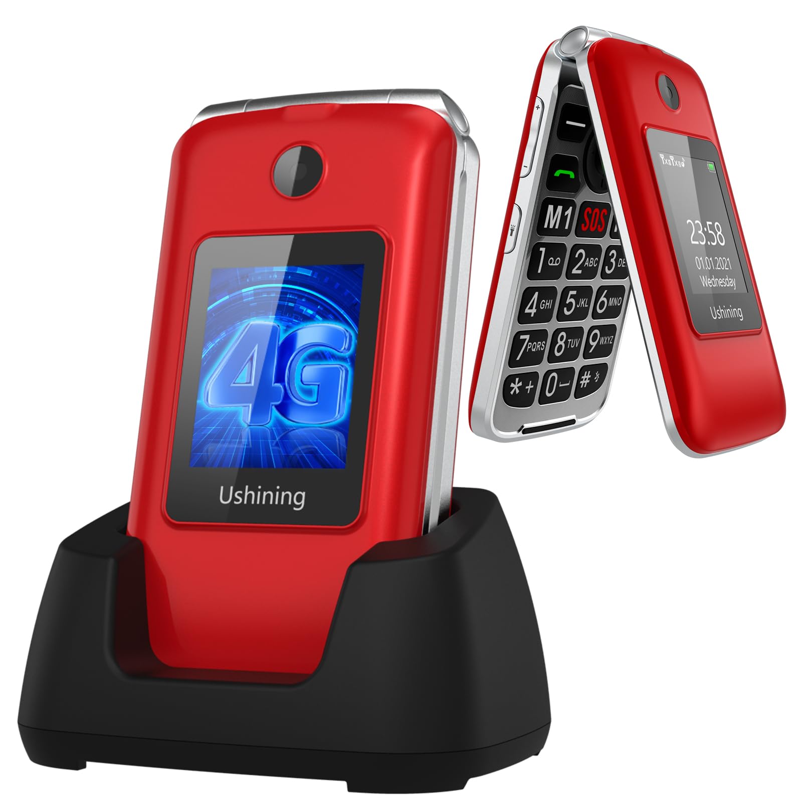 4G Anciano portátil sin Contrato Plegable portátil Simple botón Grande Anciano teléfono móvil con estación de Carga botón de Llamada de Emergencia Doble Tarjeta SIM Gratuita 1200 Mah batería