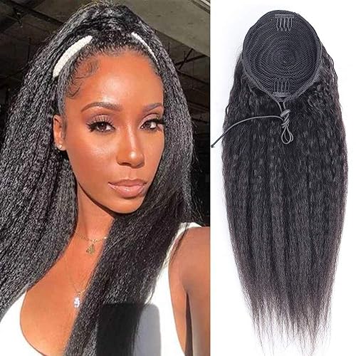 Cola de caballo de cabello humano virgen brasileño lacio con cordón para mujeres negras, extensiones de cabello humano rizado lacio, extensiones de