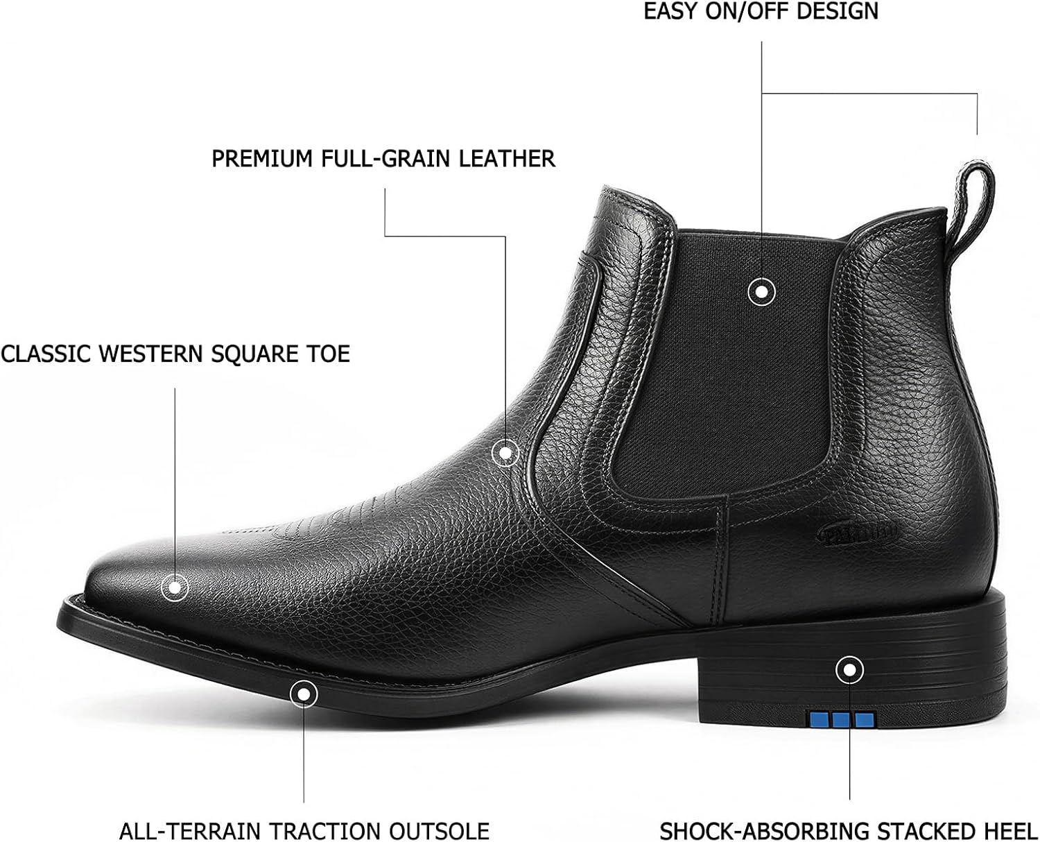 Palitutu Mens Leather Chelsea Cowboy Boots Square Toe Slip On Western Ankle Boot for Casual Dress Comfort Leather Wide Width Black (PLT803601)