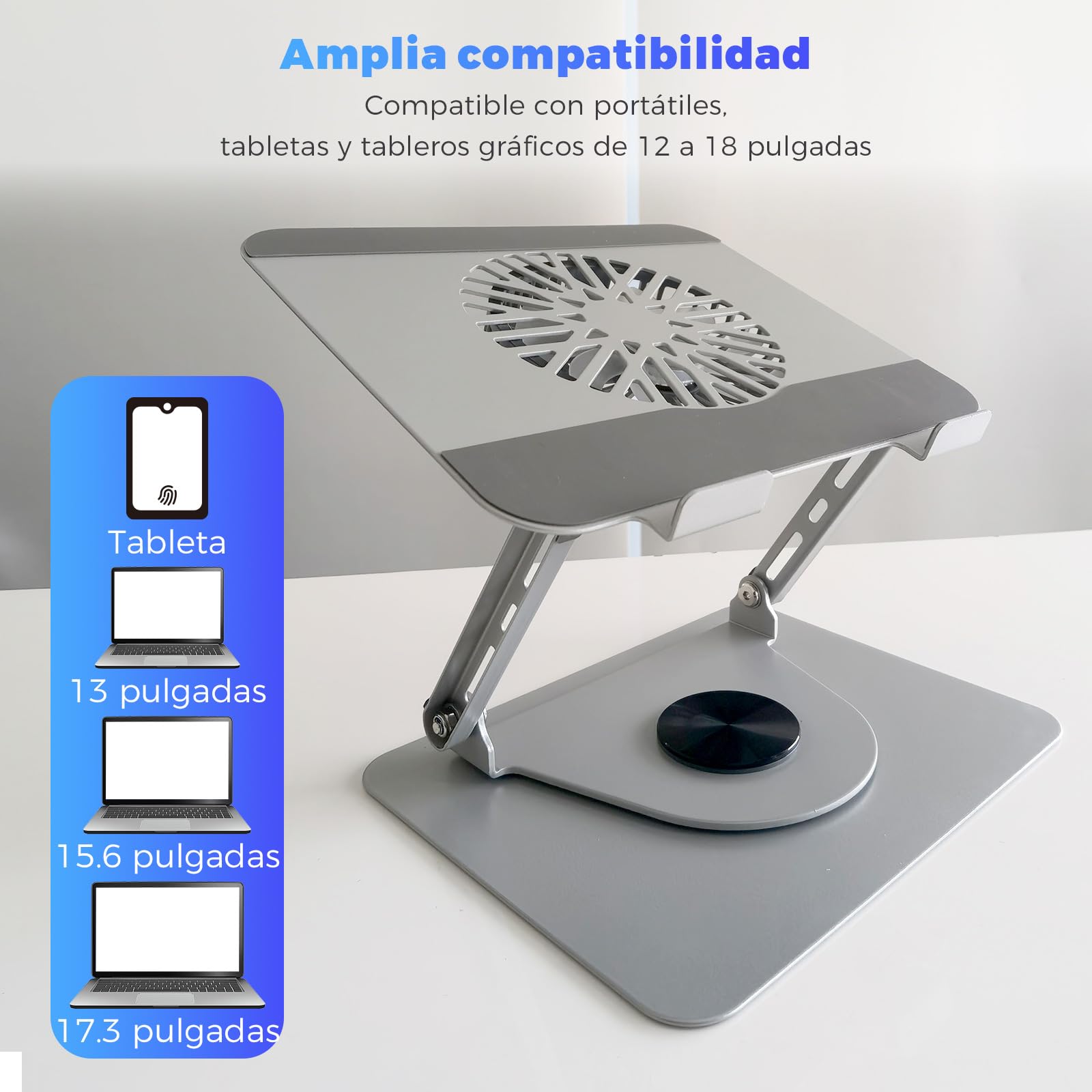 Soporte para ordenador portátil de aluminio, giratorio 360°, plegable, con ventilador magnético para refrigeración, compatible con MacBook y dispositivos de 10 a 17,3 pulgadas (gris claro)