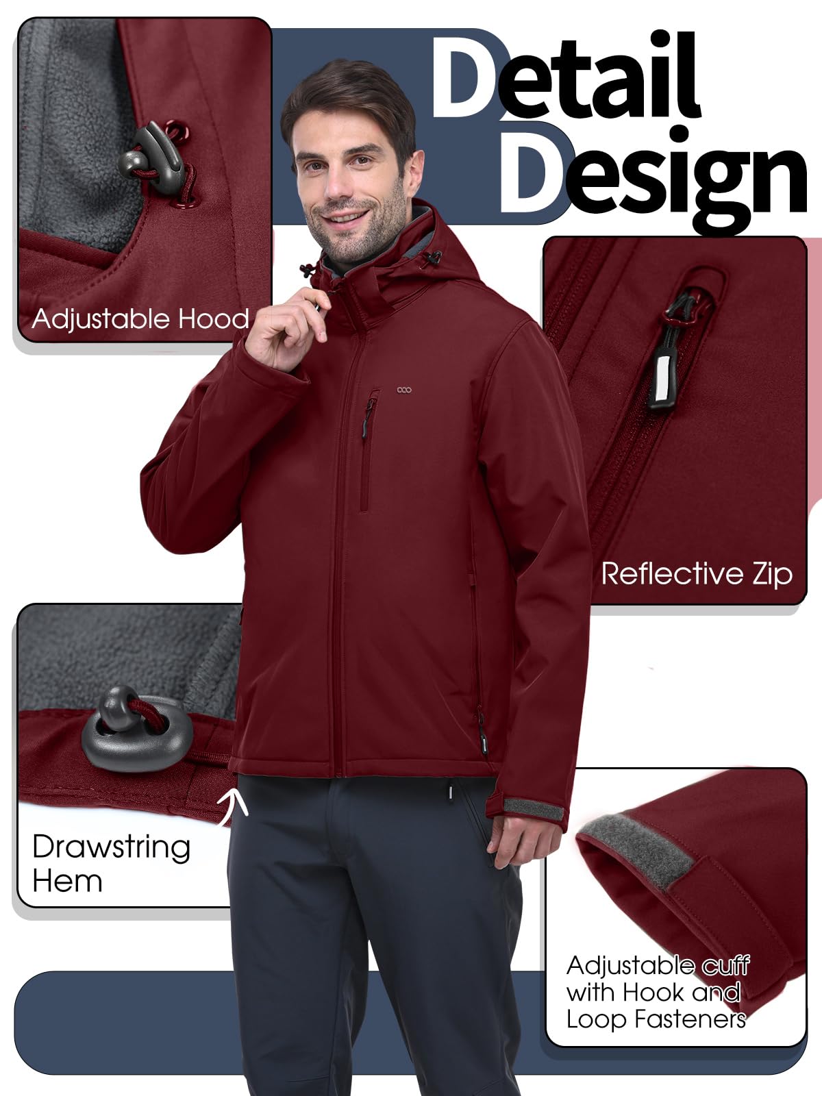 33,000ft Chaquetas impermeables para hombre, forro polar, chaqueta softshell, múltiples bolsillos, abrigo resistente al viento con capucha desmontable