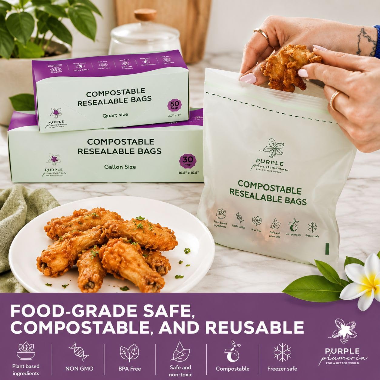 Bolsa con cremallera 100% compostable, a base biológica resellable, ecológica, segura para congelador, bolsas extra fuertes, bolsas de almacenamiento de alimentos, bolsas reutilizables a base de