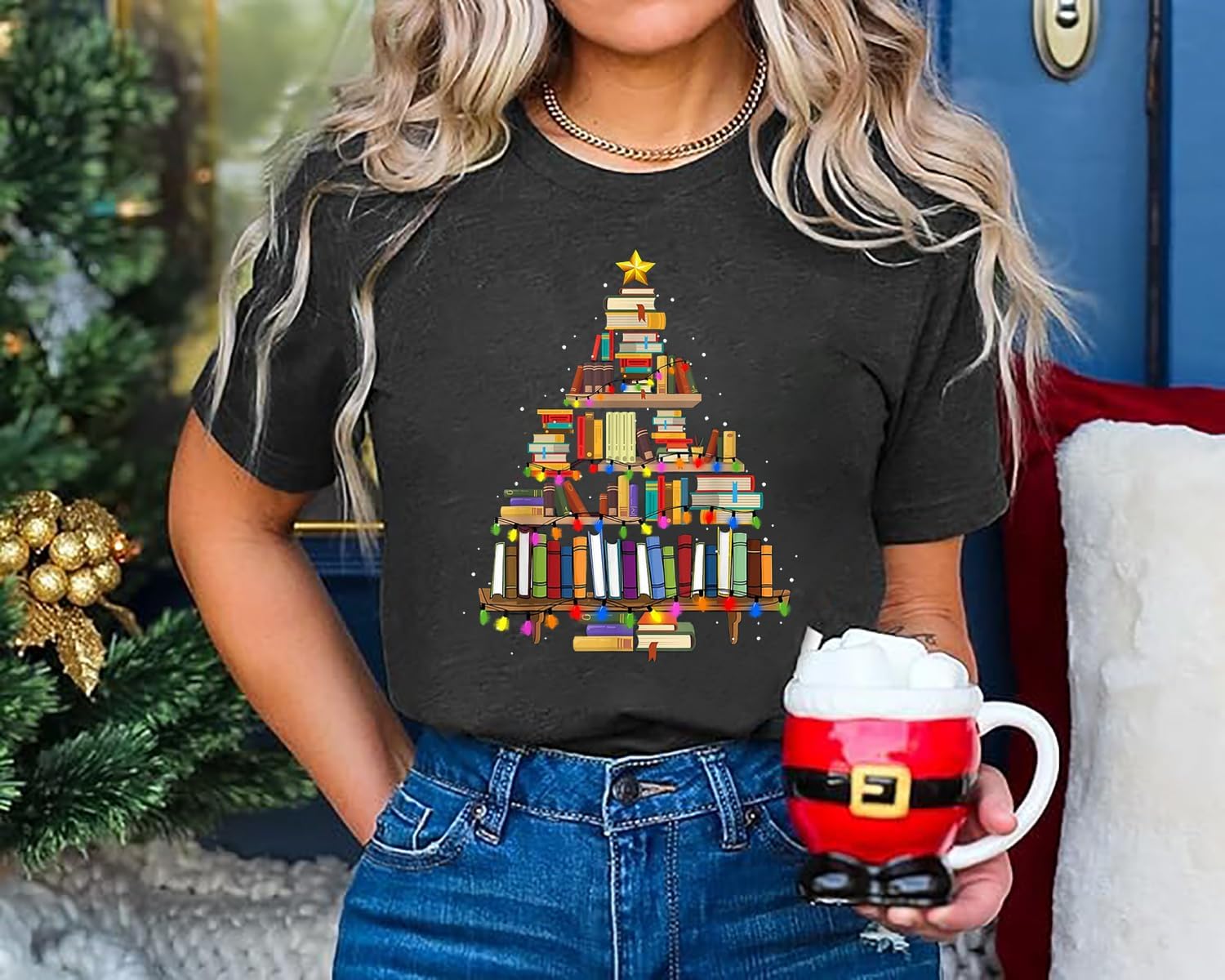 Christmas Books Tree T-Shirt Women Teachers Love Reading Xmas Gift Tee School Christmas Holidays Casual O-Neck Tshirts