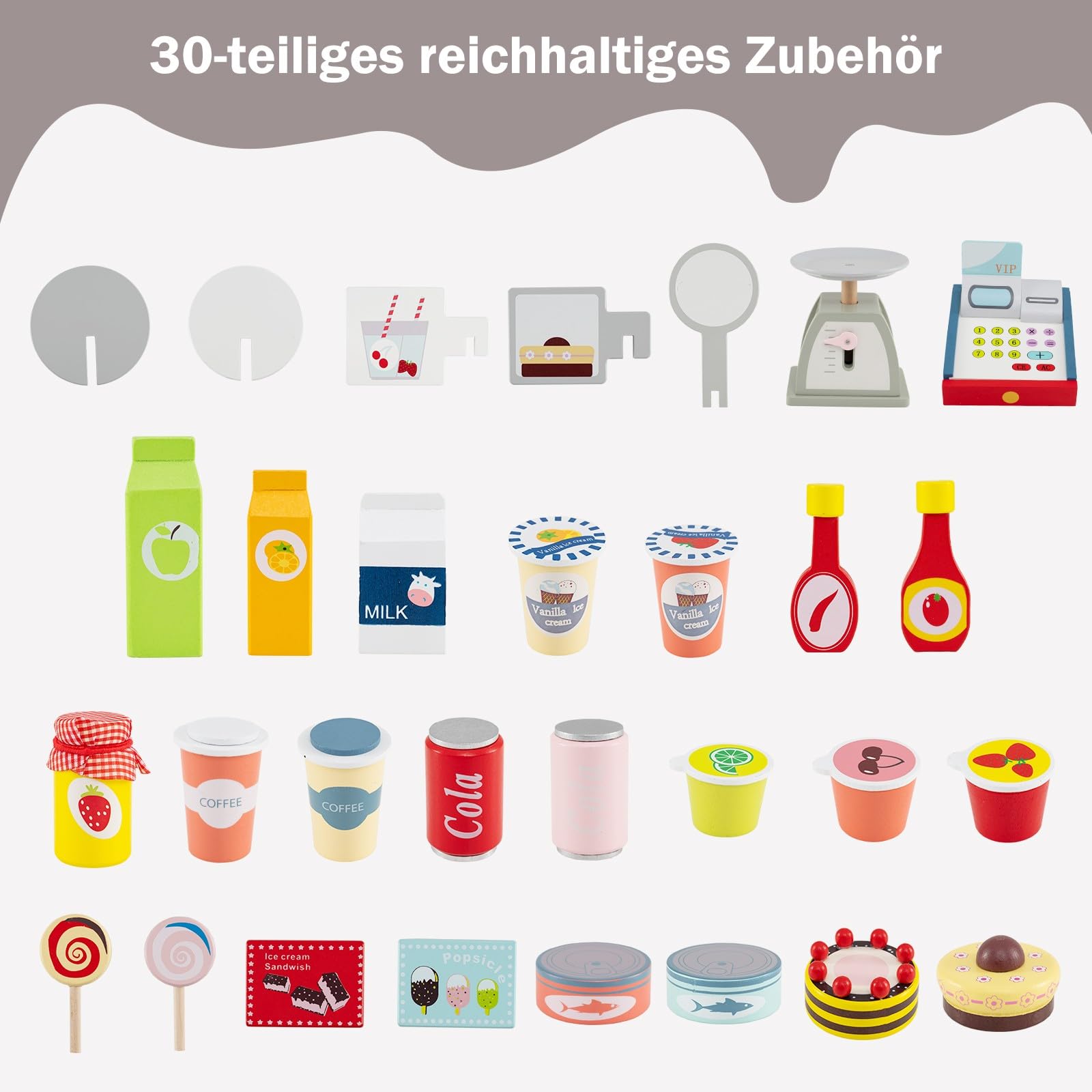COSTWAY Sklep dla dzieci, sklep z drewna z 2 półkami, uchwytem przesuwnym i akcesoriami, sklep na 3 kółkach w zestawie regał na napoje, waga i maszyna POS, dla dzieci od 3 lat (szary)
