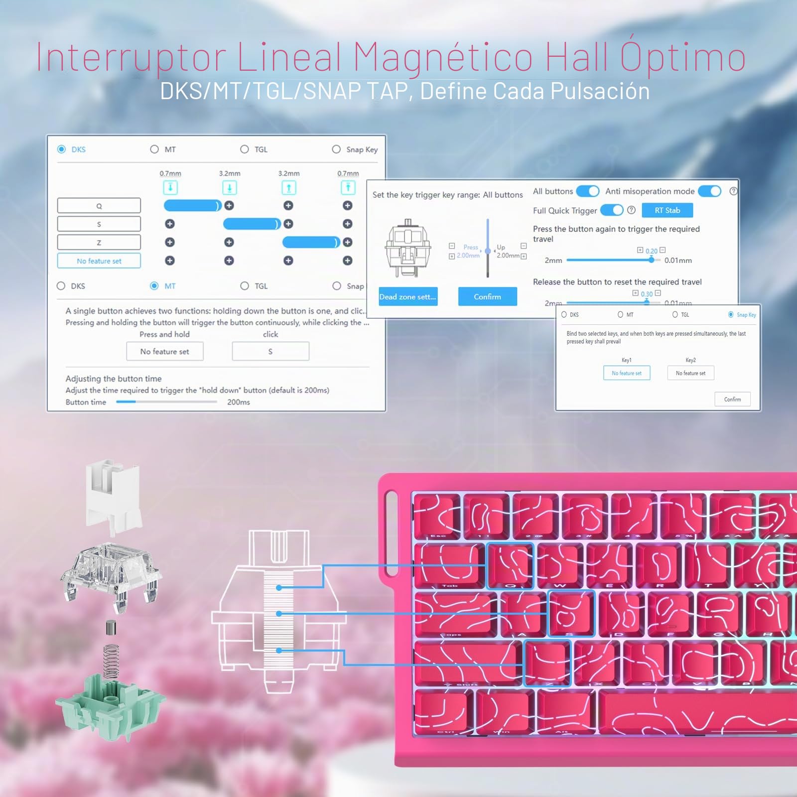 MAMBASNAKE x Attack Shark X68HE Teclado con Interruptor magnético de gatillo rápido, accionamiento Ajustable de 0,01 mm, con Cable en Espiral, 8000 Hz, RGB, Teclas PBT,SOCD (Rosa)