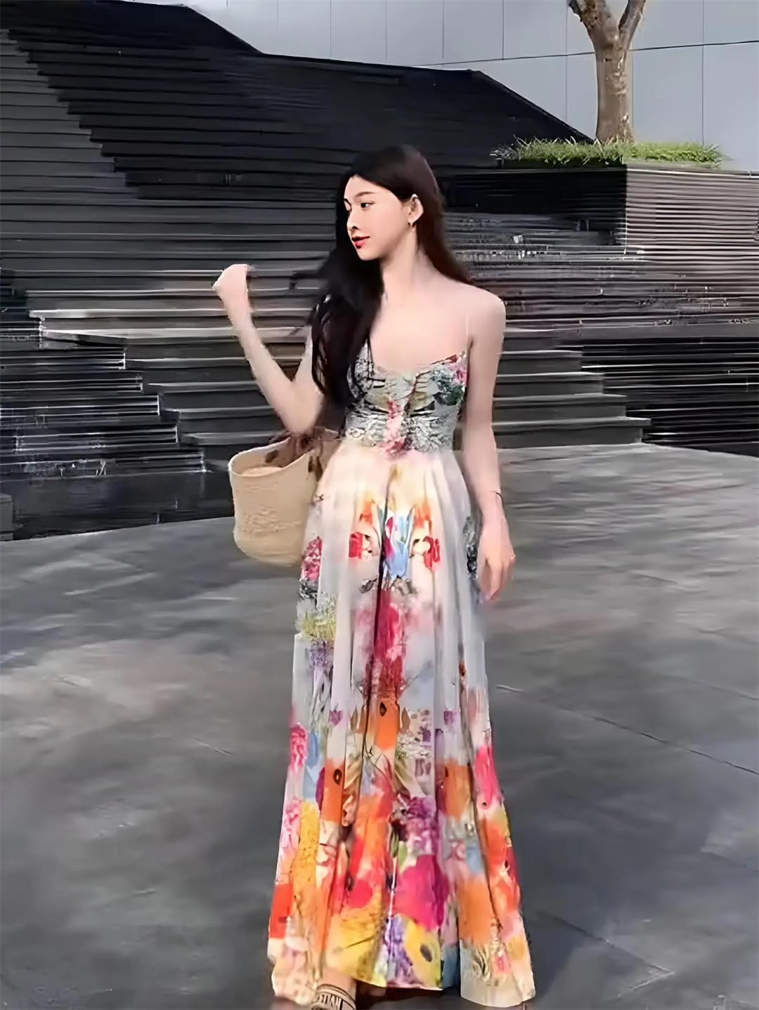 Women Summer Floral Printing A Line Strap Long Holiday Vacation Dresses