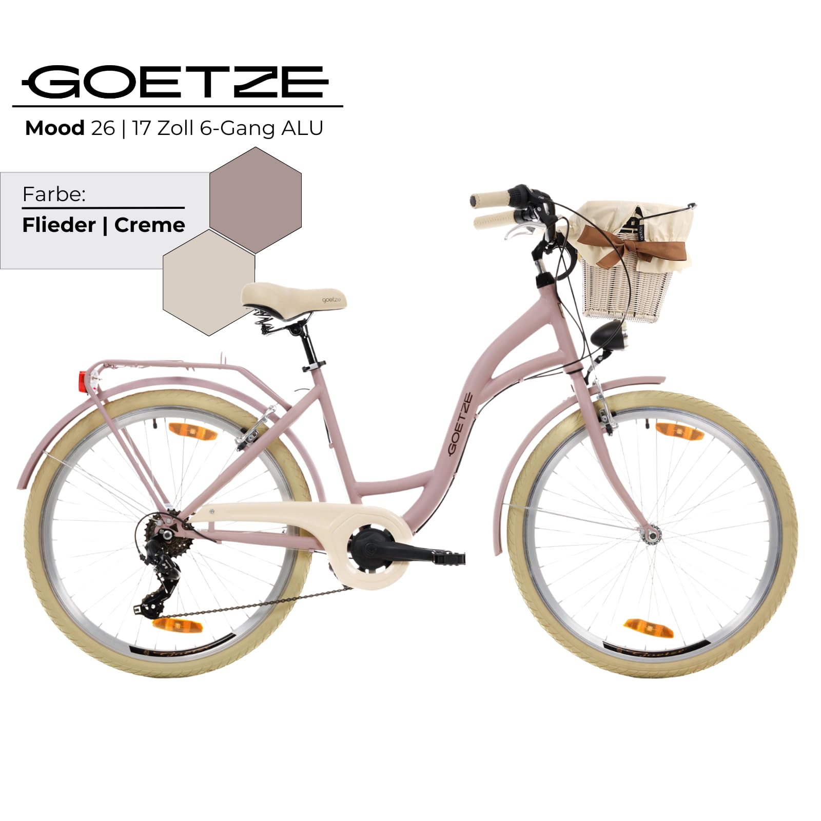 Goetze Mood 26 Zoll Jugendfahrrad, 17 Zoll Tiefeinsteiger Aluminiumrahmen, 6-Gang Kettenschaltung, doppelte V-Bremsen, LED-Beleuchtung, Rattankorb, Komfortsattel, mit Seitenständer & Klingel