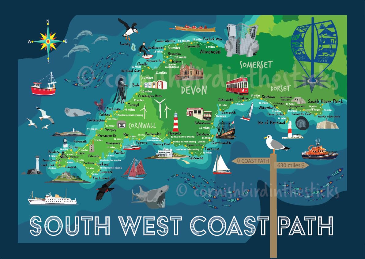 South West Coast Path Illustrative Map, Original Design, A4 Print, Digital Artist, The Salt Path,