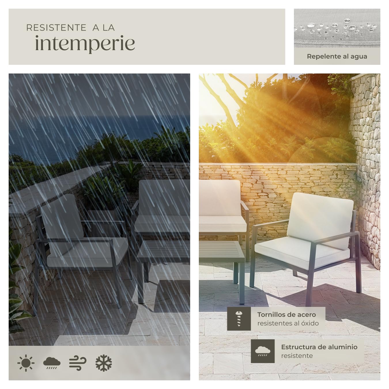 tectake® Conjunto de Muebles de Jardín 4 Piezas, 2 Sillones con Cojines Extragruesos, Muebles Jardin Exterior, Sofa Jardin y Mesa, Estructura Robusto Impermeable, Muebles Terraza Exterior - Gris Claro