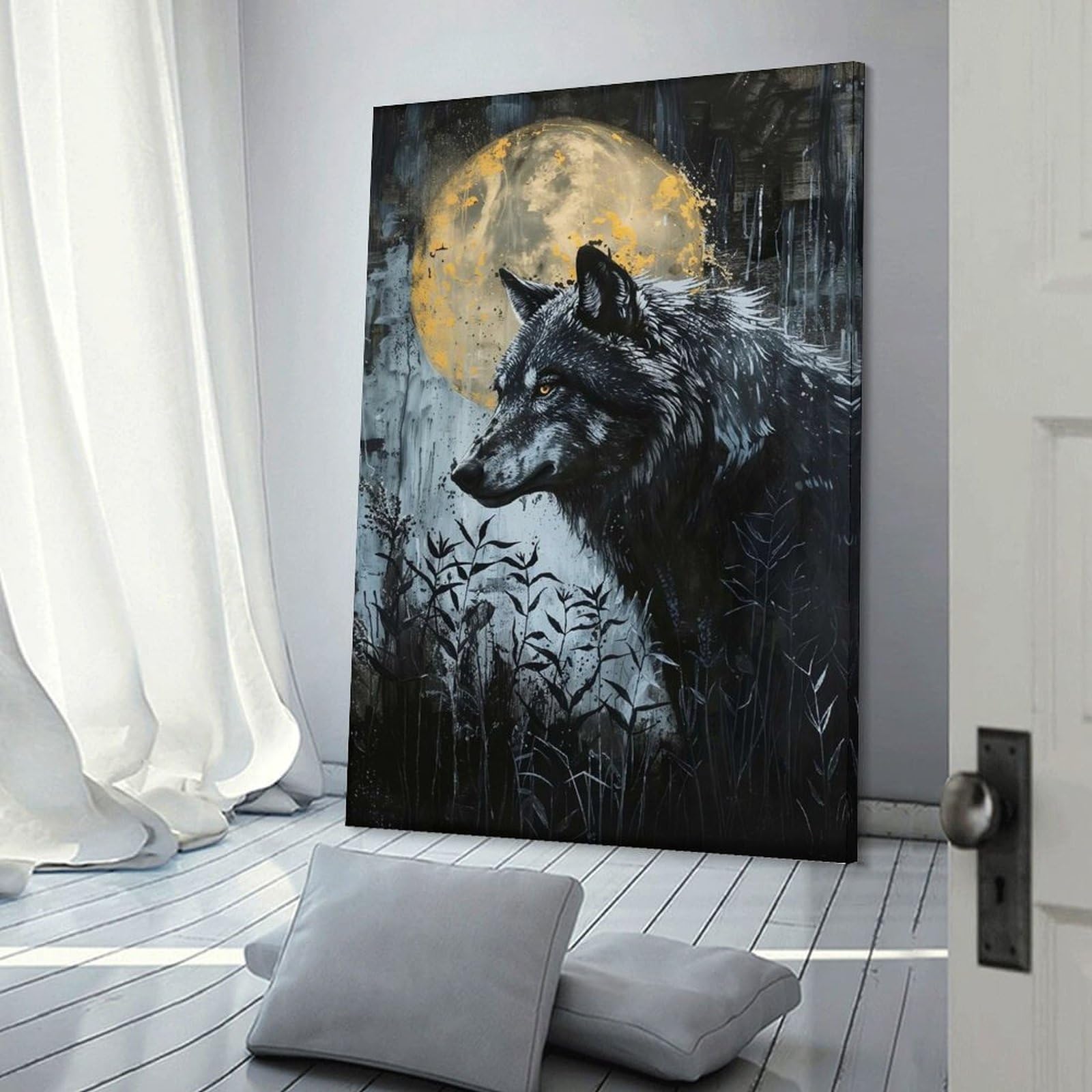 Junmoney Room Decor Wall Art Wolf And Moon Painting, 24x36inch(60x90cm), for Gallery Wall Decor And Room Displays, An Easy Match for Collected Prints