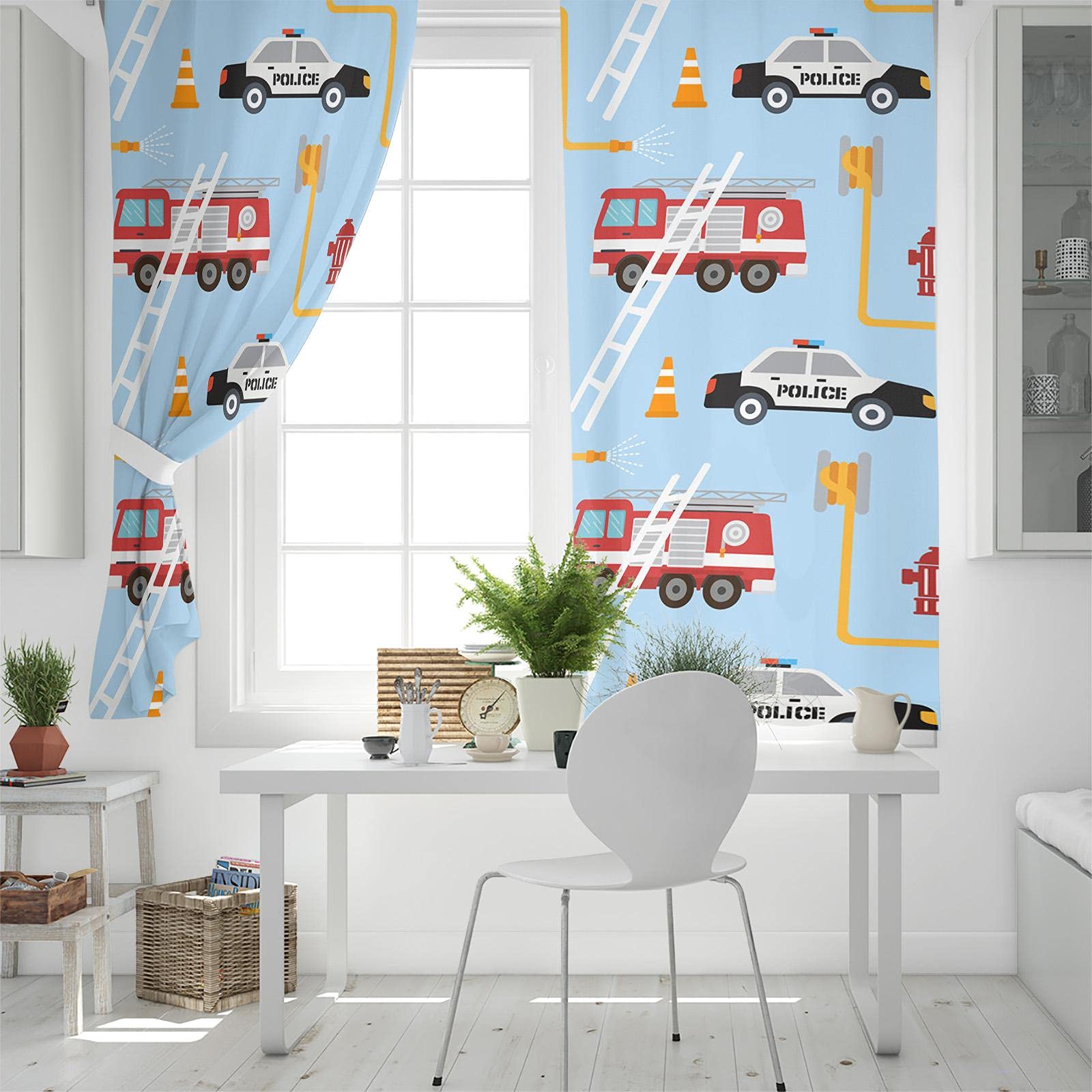 Rideaux Occultants À Oeillets 2 Panneaux Bleu Dessin Animé Camion De Pompier Voiture 140X100Cm Rideaux Insonorisés Rideaux Ltants À Anneau Supérieur Pour Chambre À Coucher Chambre D'Enfant Assom