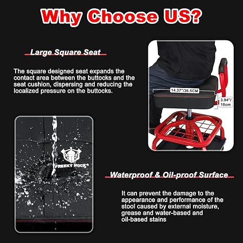 Miniatura 5 de Taburete de taller rodante con ruedas, silla de taller de garaje con asa y respaldo, taburete de trabajo de altura ajustable, asiento rodante con