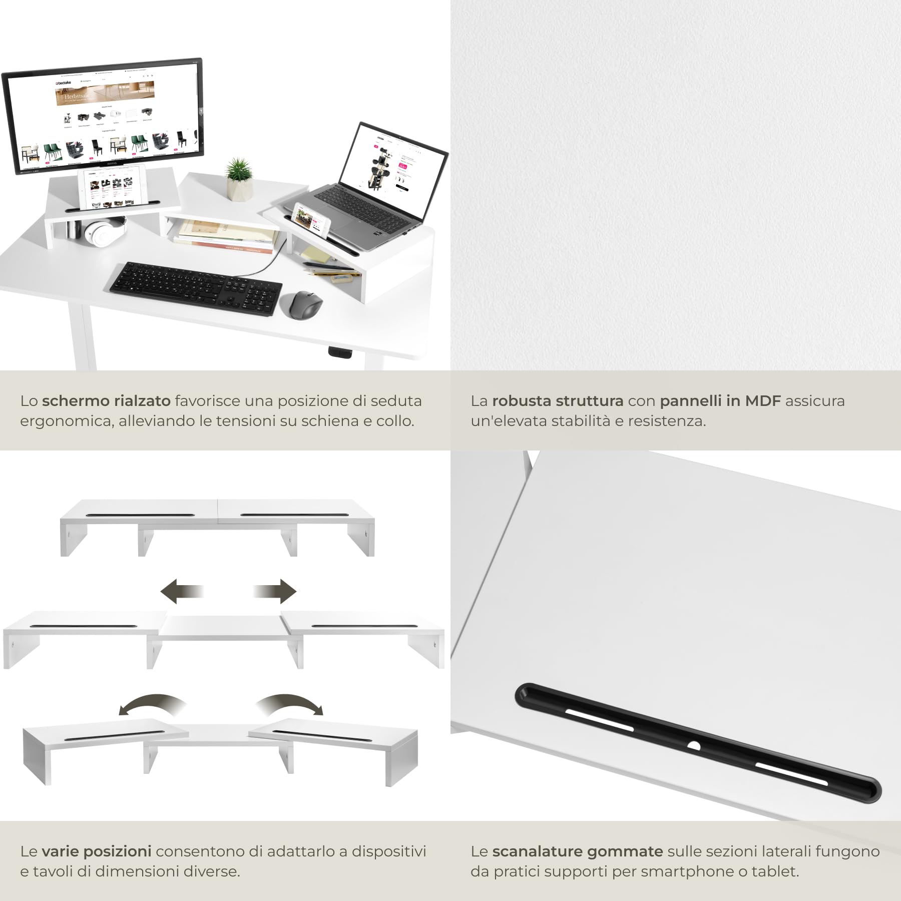 tectake® Supporto Monitor a 3 Pezzi, Rialzo Monitor Design Ergonomico, Supporto per Monitor con Parti Regolabili e Girevoli, Spazio per Accessori, 2 Supporti per Smartphone - Bianco