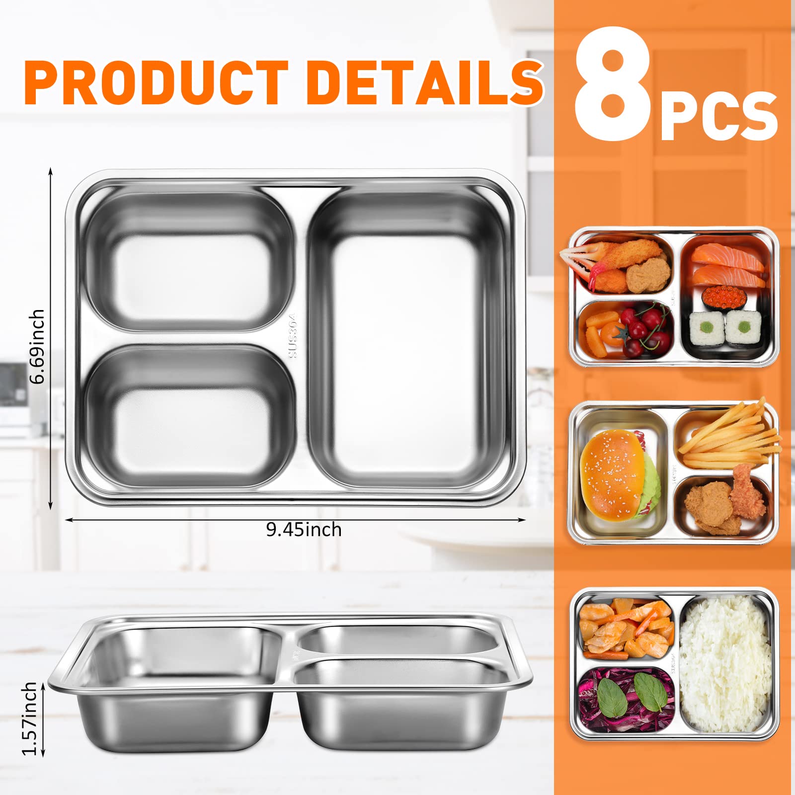 Zopeal Lot de 8 assiettes divisées rectangulaires en acier inoxydable 304 pour adultes et enfants (style 3 compartiments)