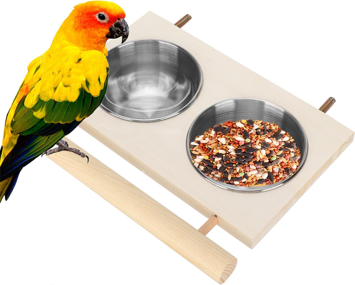 Bird Food Stainless Steel Cups, Parrots Feeding Dish Cups with Wooden Platform, Stainless Steel Food Water Feeder Cage Accessory with StandDouble Bowl