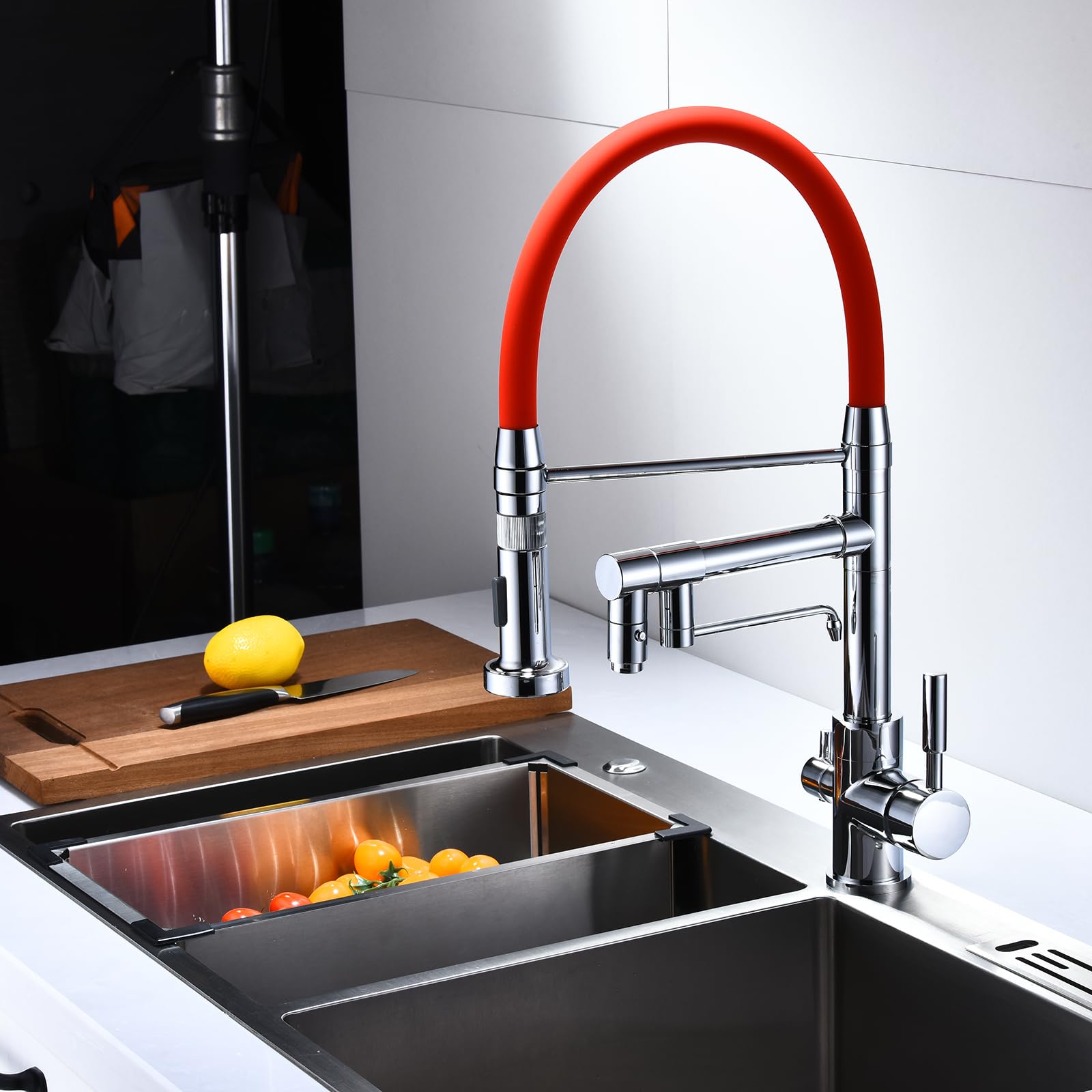 ZYCHSJXA 3 Way Kitchen Tap Pull Out Brass-Chrome Plated + Red Tube