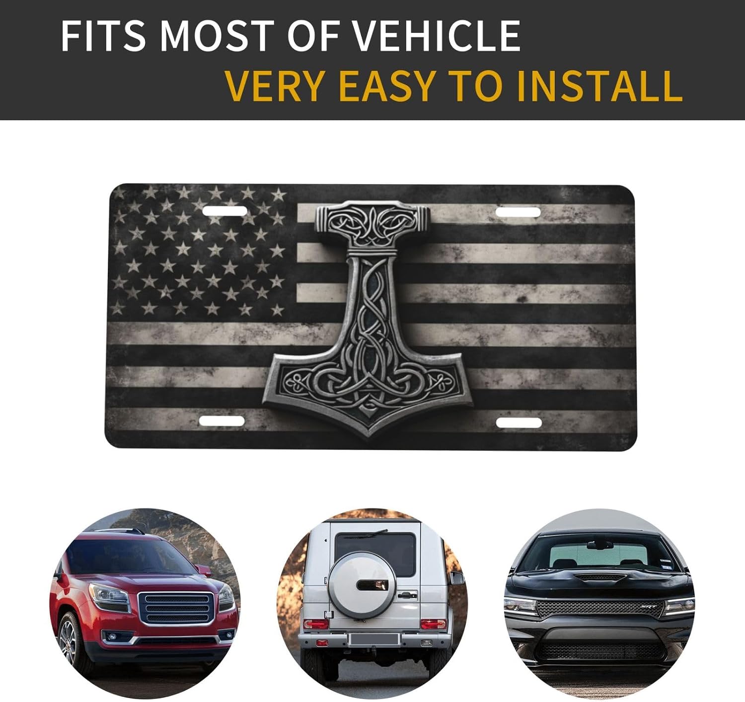 Hammer American Flag License Plate - 12x6 Aluminum Mjolnir Viking Norse Patriotic Car Decor