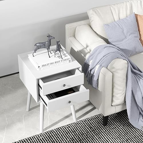 Miniatura 9 de GOFLAME Juego de 2 mesitas de noche con 2 cajones, pequeña mesa auxiliar de madera, moderna de mediados de siglo con almacenamiento, mesa auxiliar