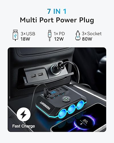 Miniatura 2 de Divisor de encendedor de cigarrillos, adaptador de cargador de coche de 120 W con USB y PD, enchufe de alimentación multipuerto 7 en 1 con