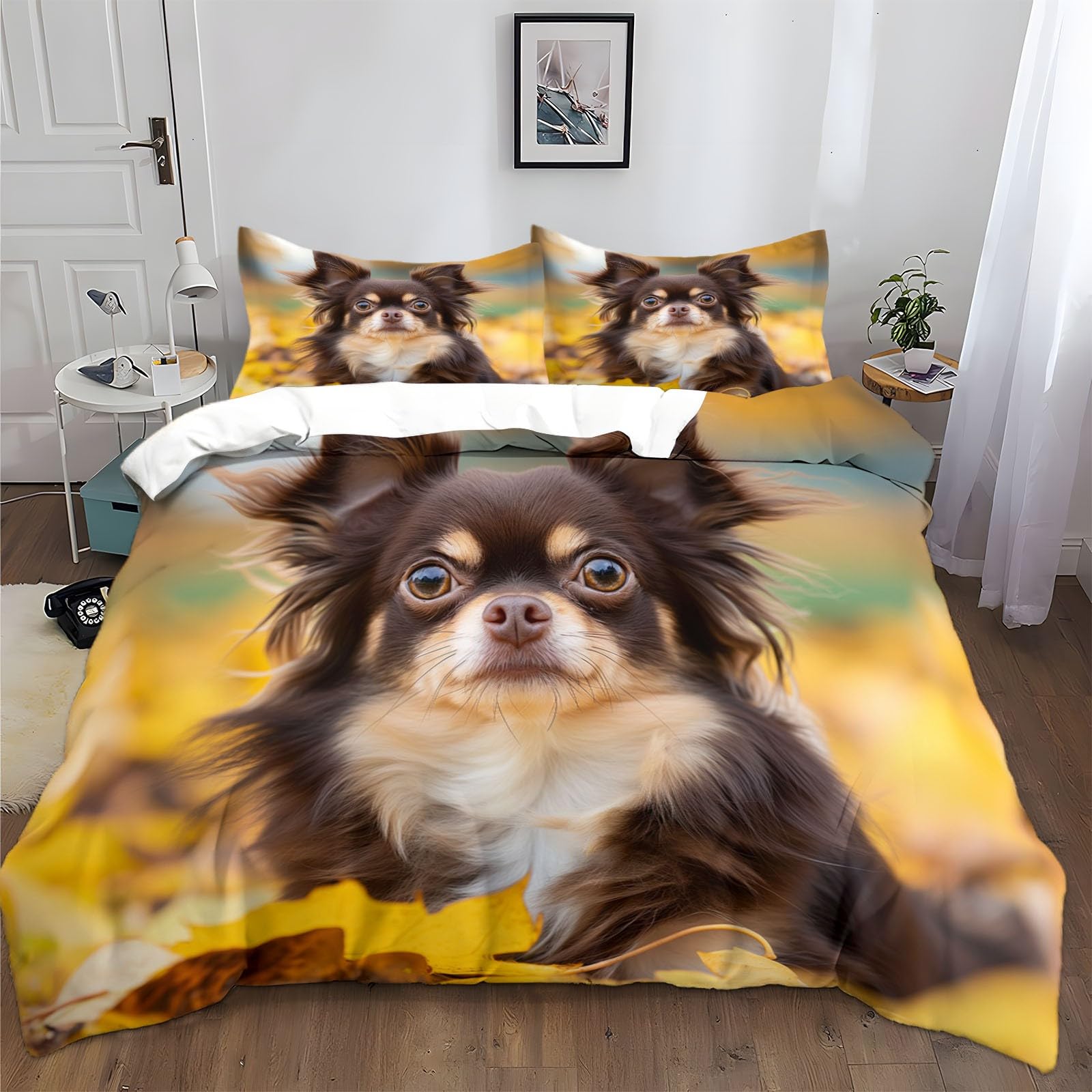 Parure de lit chien Chihuahua en microfibres 140x200 cm avec 2 taies d'oreiller pour enfant